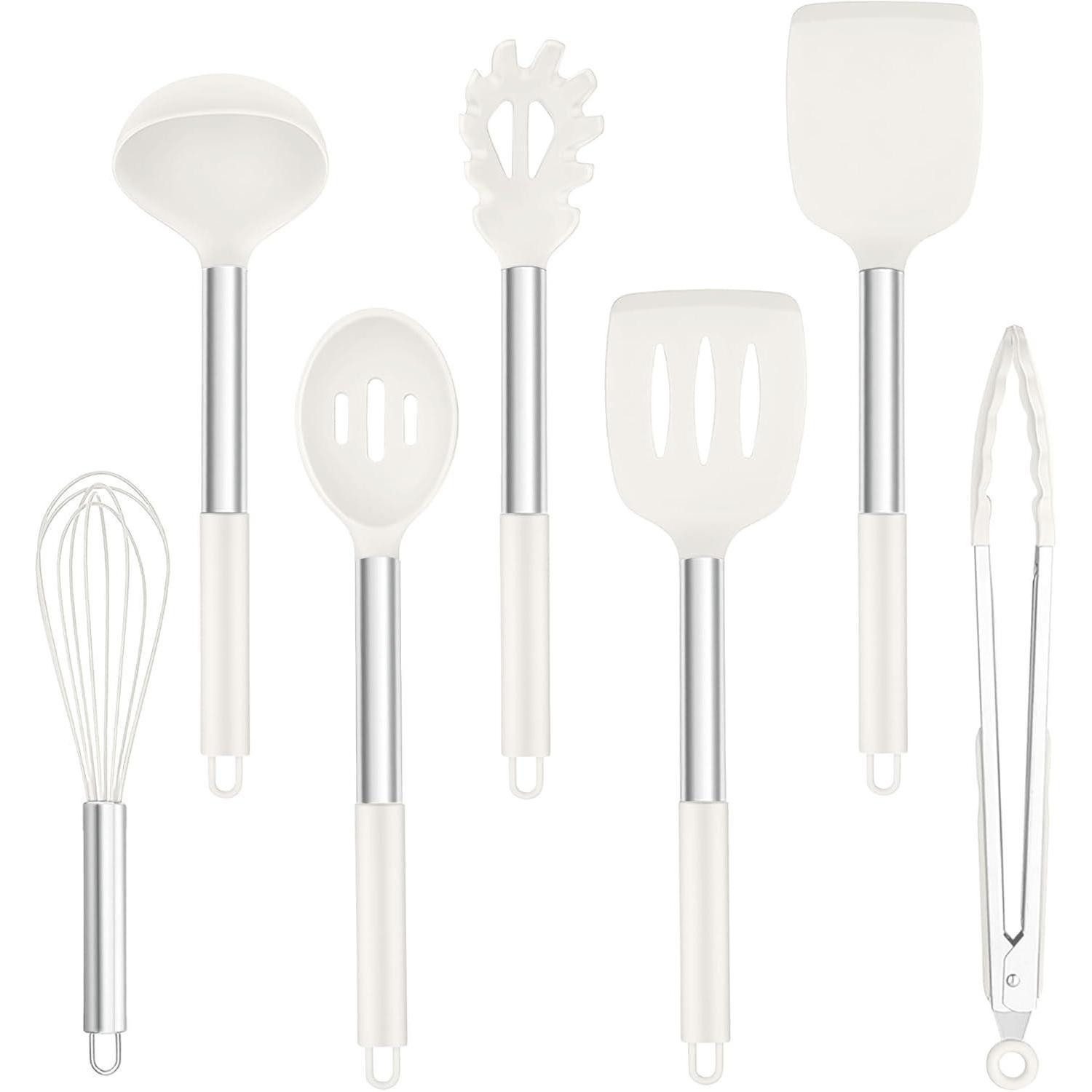 Kochbesteck-Set Küchenhelfer Silikon 7teilig Antihaft Edelstahlgriff Weiß 7
