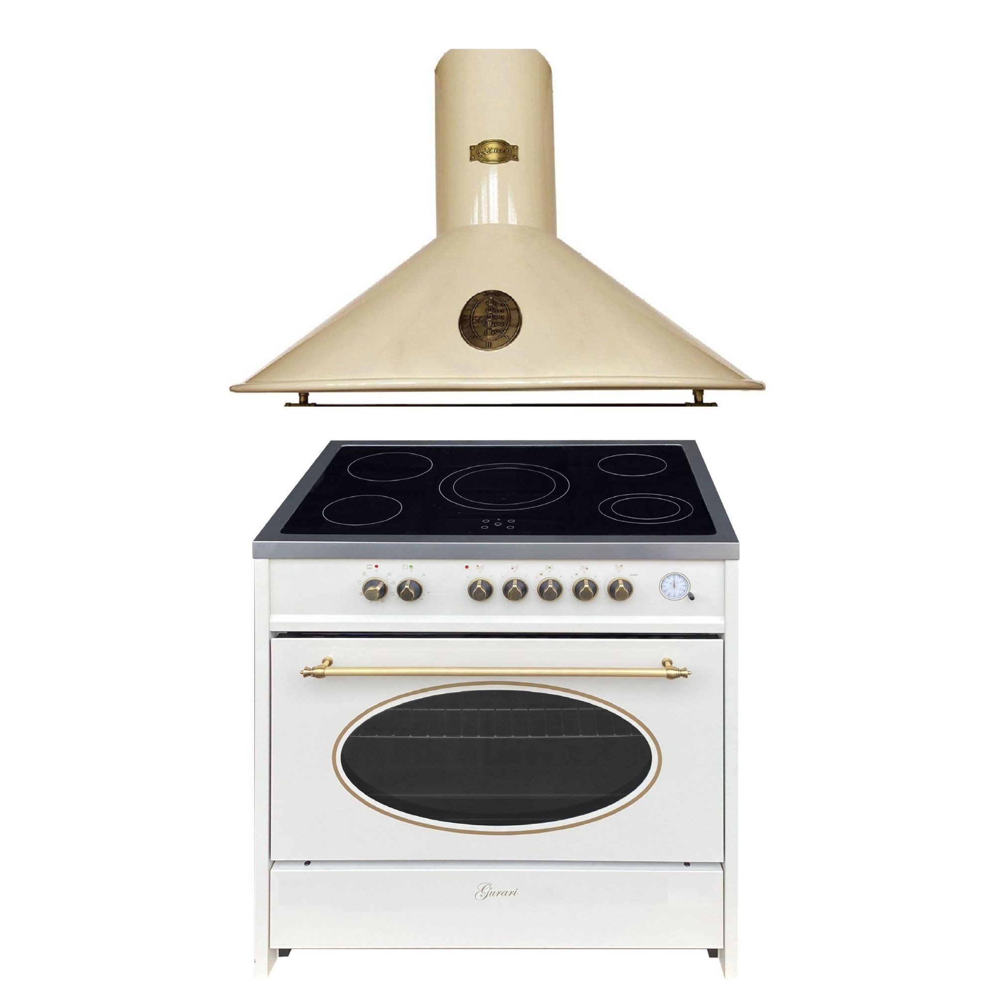 GURARI Elektro-Standherd Retro Elektro Standherd 90 cm, Retro Range Coocker, 121L+Dunstabzugshaube 90 cm GCH E 912 Cr r+A 9423 ElfBE ECO, mit 1-fach-Teleskopauszug