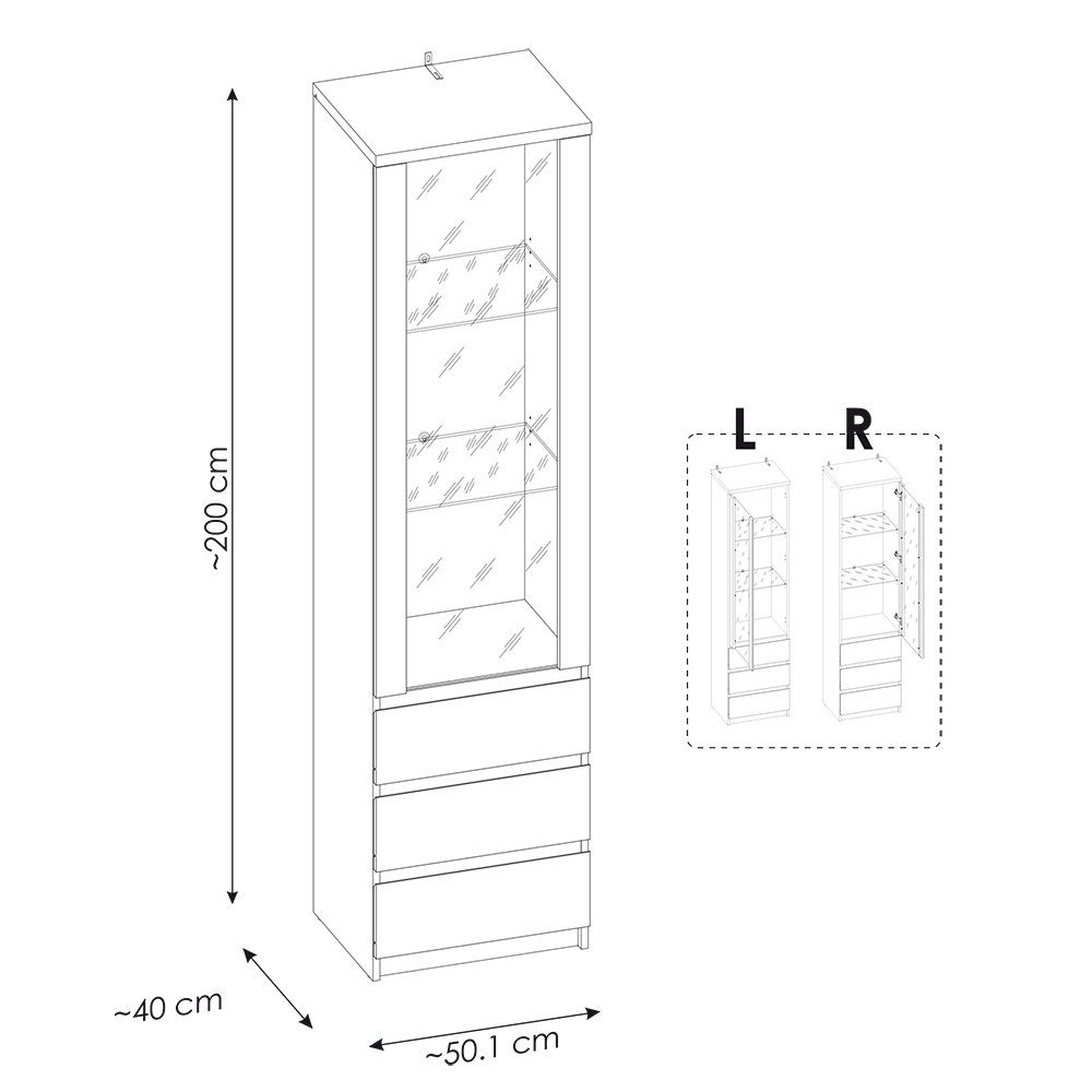 cm 3 Vitrine Glaseinsatz. weiß, in FORTALEZA-129 Lomadox Tür mit Schubladen, 50,1/200/40 1 B/H/T