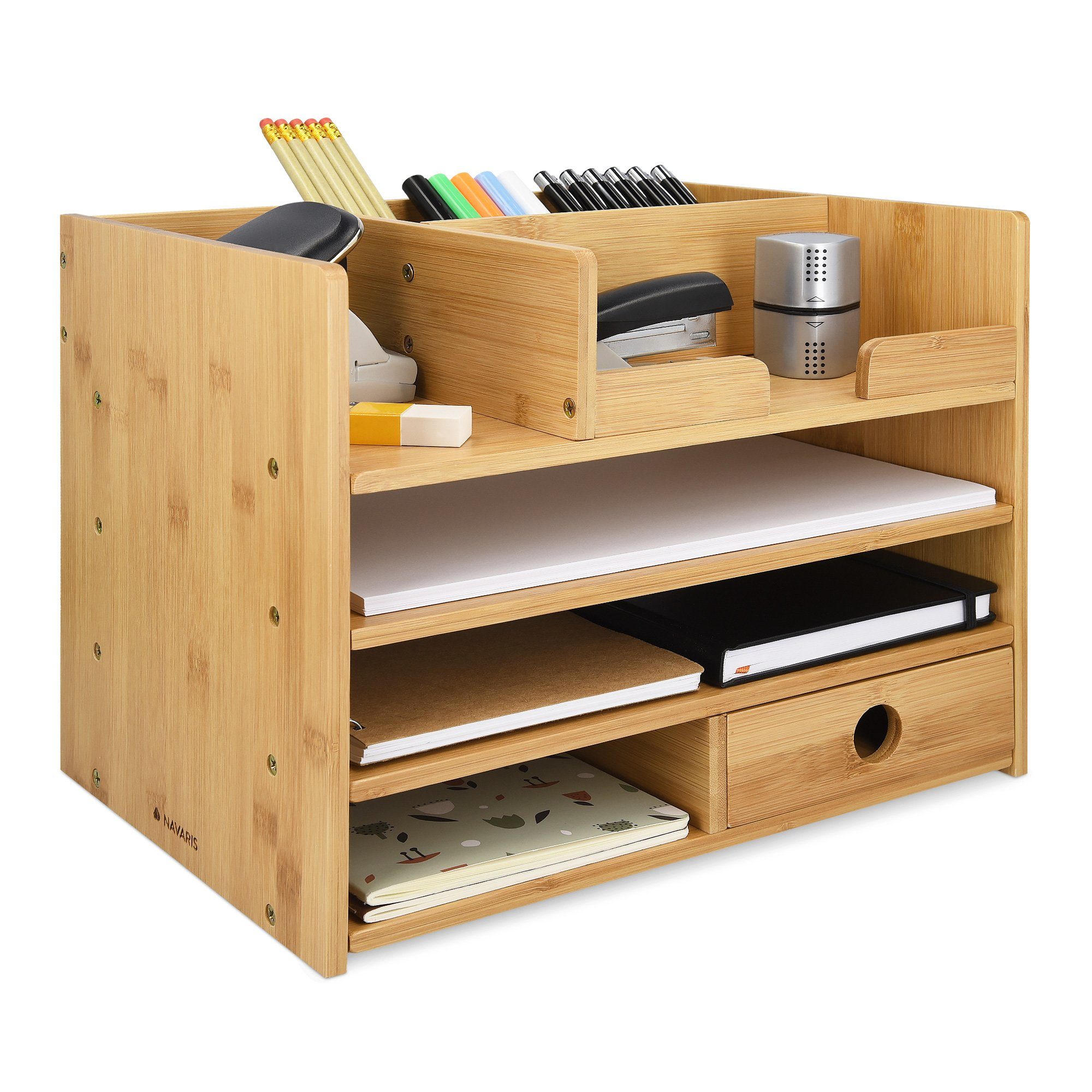 Organizer Schreibtisch Ablage aus Bambus, 33x24x26cm, Ordnungssystem