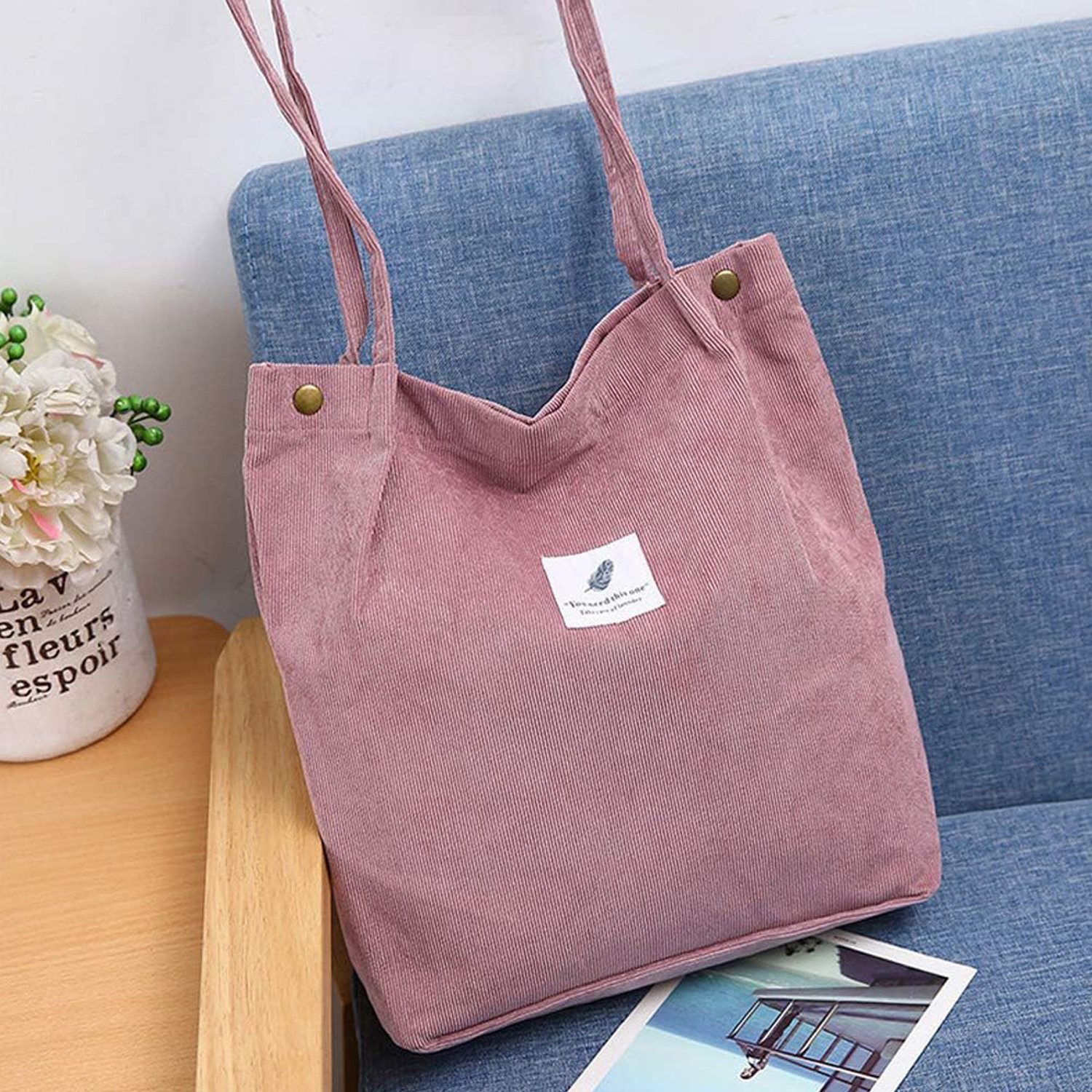 OKWISH Handtasche Kordsamtschultertasche Tote Bag Freizeittasche Alltagstasche (Arbeitstasche Laptoptasche mit 3 Druckknöpfe, Unitasche, Bürotasche), für geschenk Arbeit Wochenende Schule Büro Reisen frau
