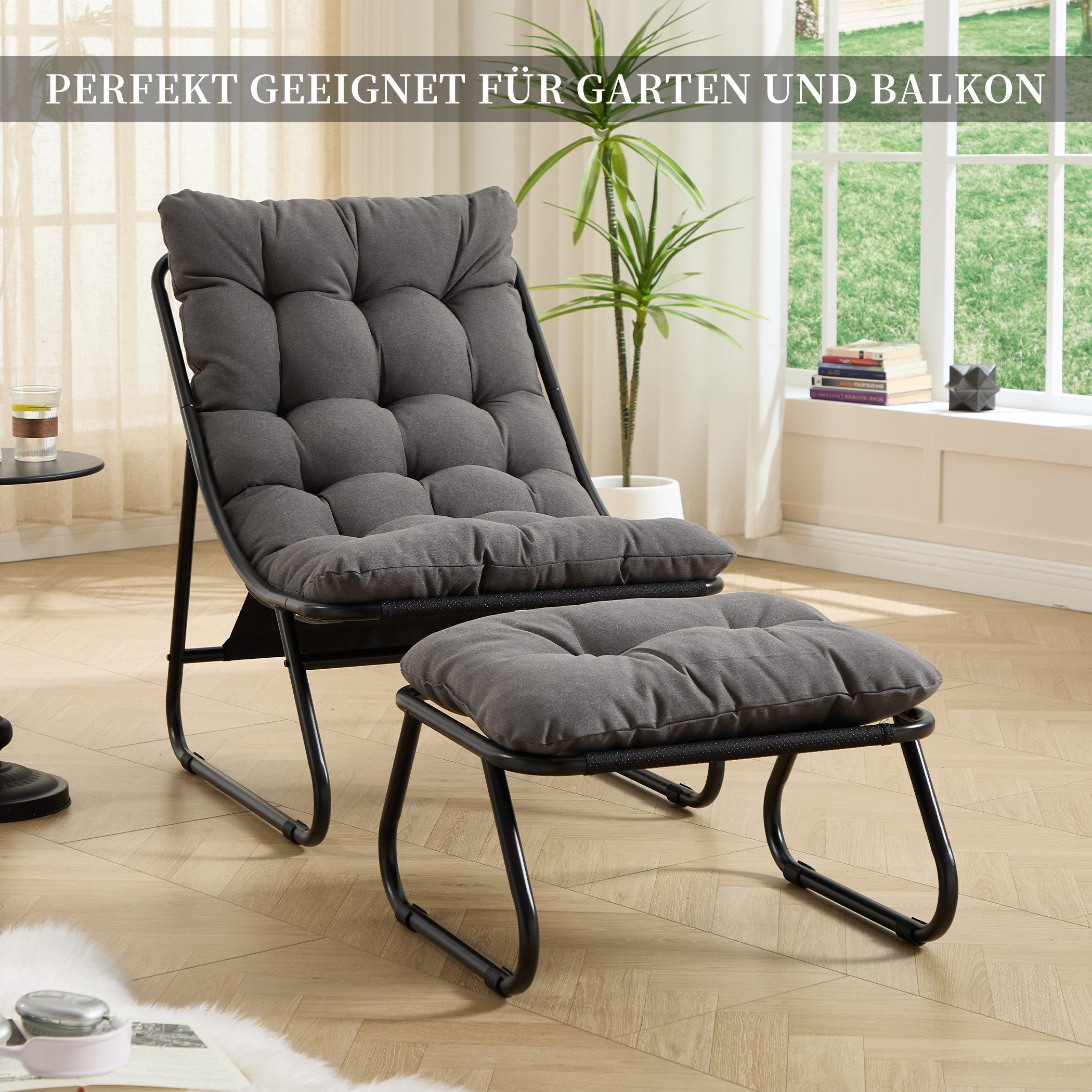 SeedWave Loungesessel mit Ottoman Liegestuhl Stahlgestell Gartenstuhl mit Trennbaren Pölster (bestehend aus Sessel und Hocker), Outdoor Terrassenstuhl für Garte – Bild 2 von 5