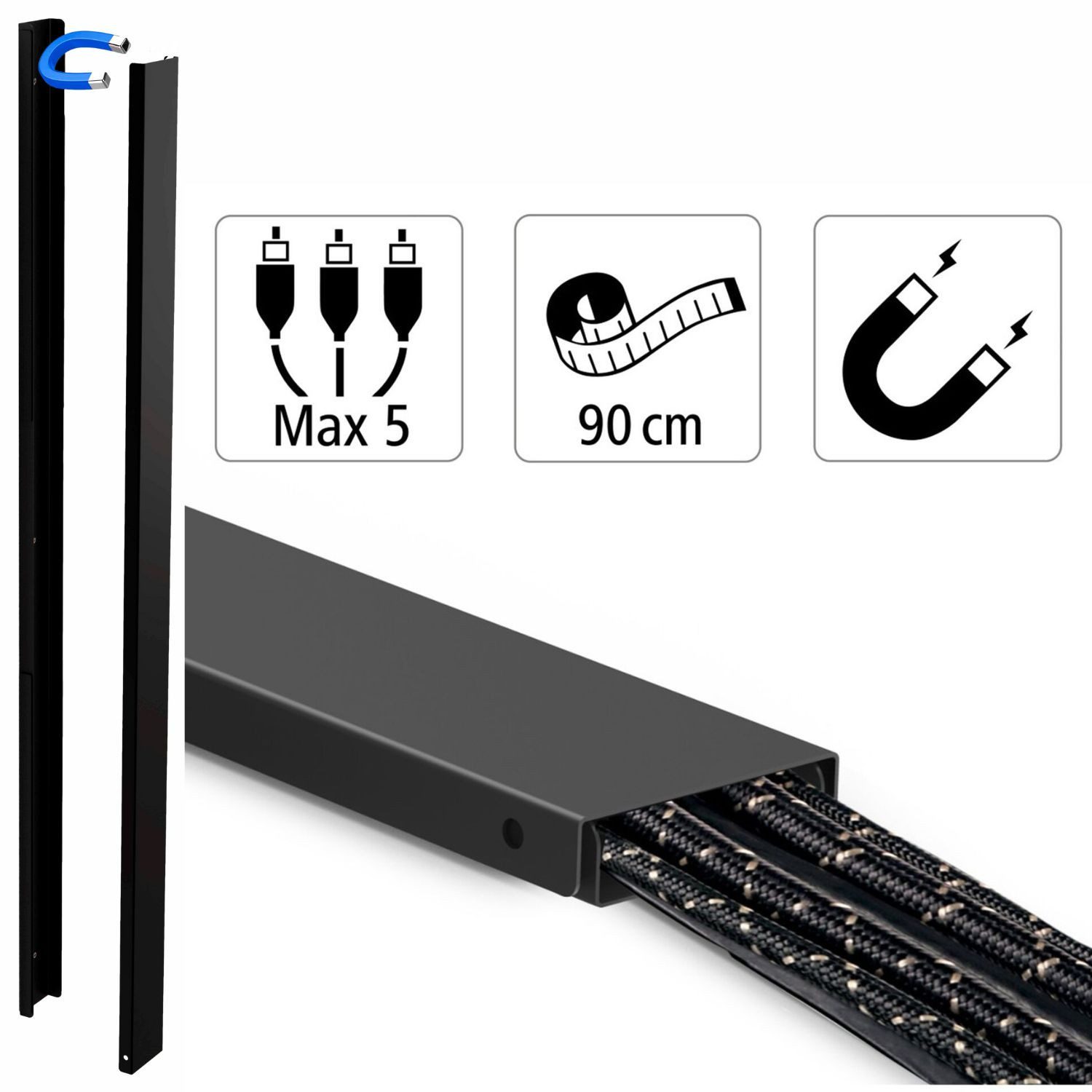 Hama Kabelkanal Metall Kabelkanal 0,9m Kabelleiste Magnetisch (Set, 1-St., Kabelkanal + Zubehör), Magnet Kabelleiste Leitungskanal Kabel Kanal Wand Boden Büro TV PC