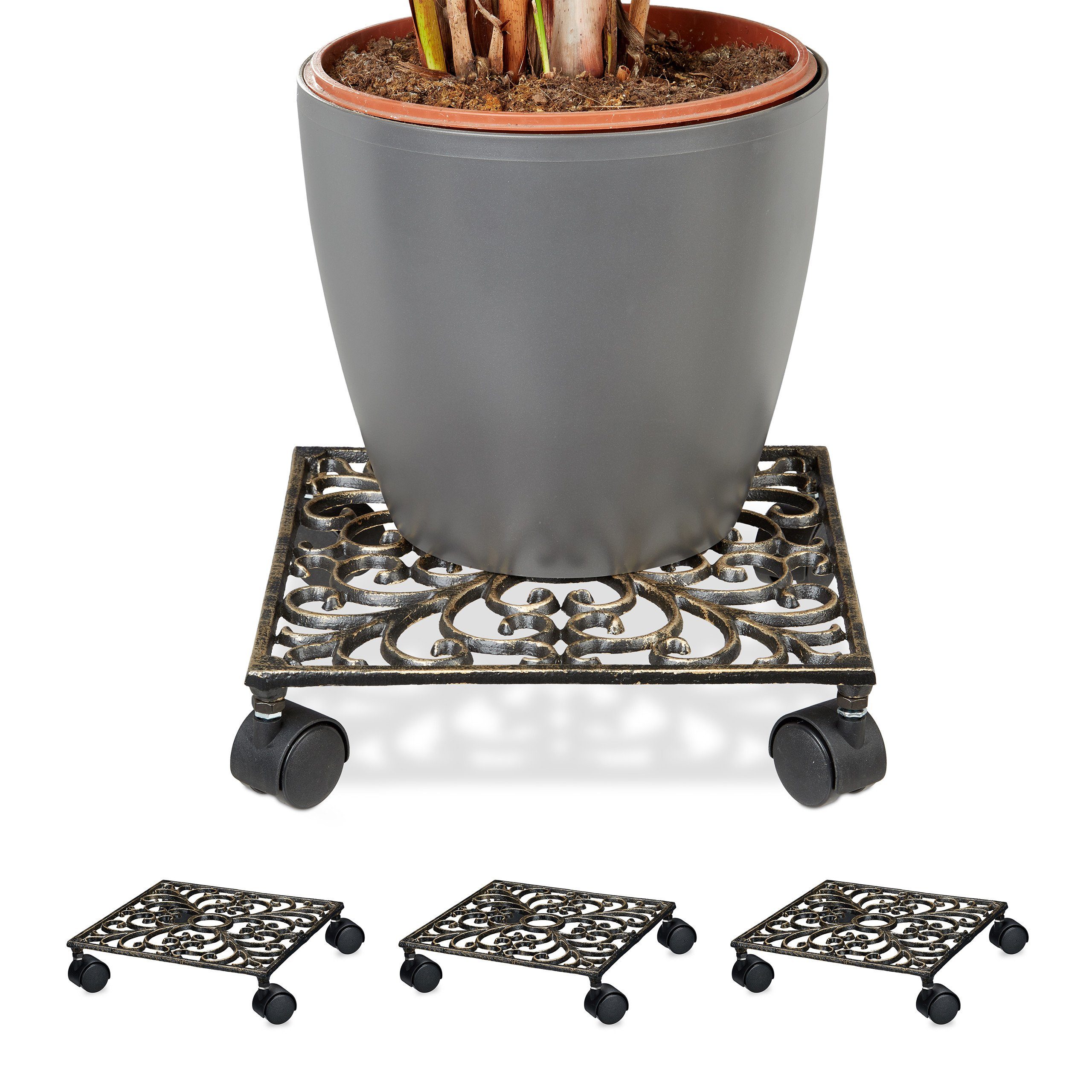 Blumentopfuntersetzer 4 x Pflanzenroller Gusseisen eckig