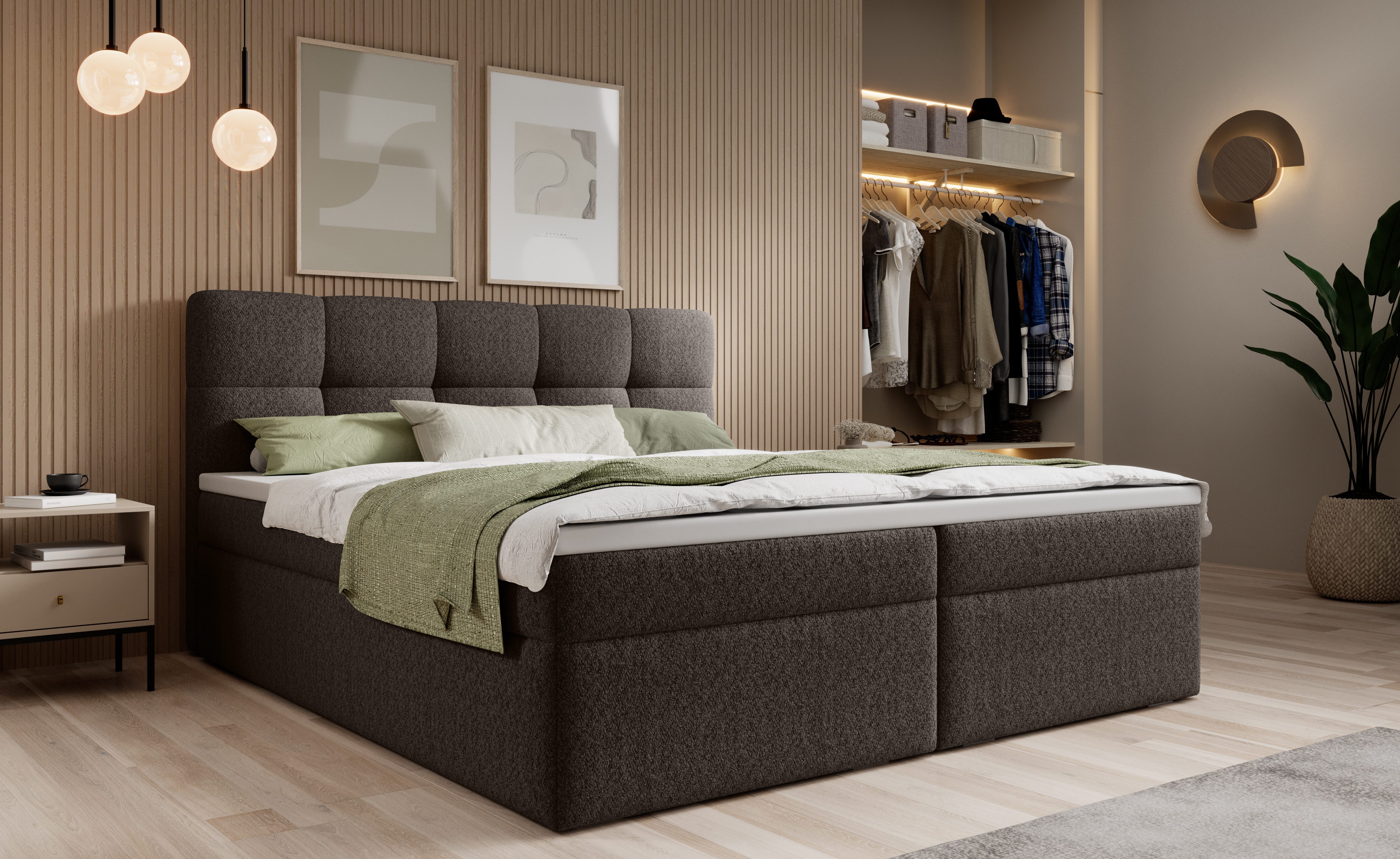 Boxspringbett mit Bettkasten 140x200–200x200 cm – Velours oder Bouclé Bezug –