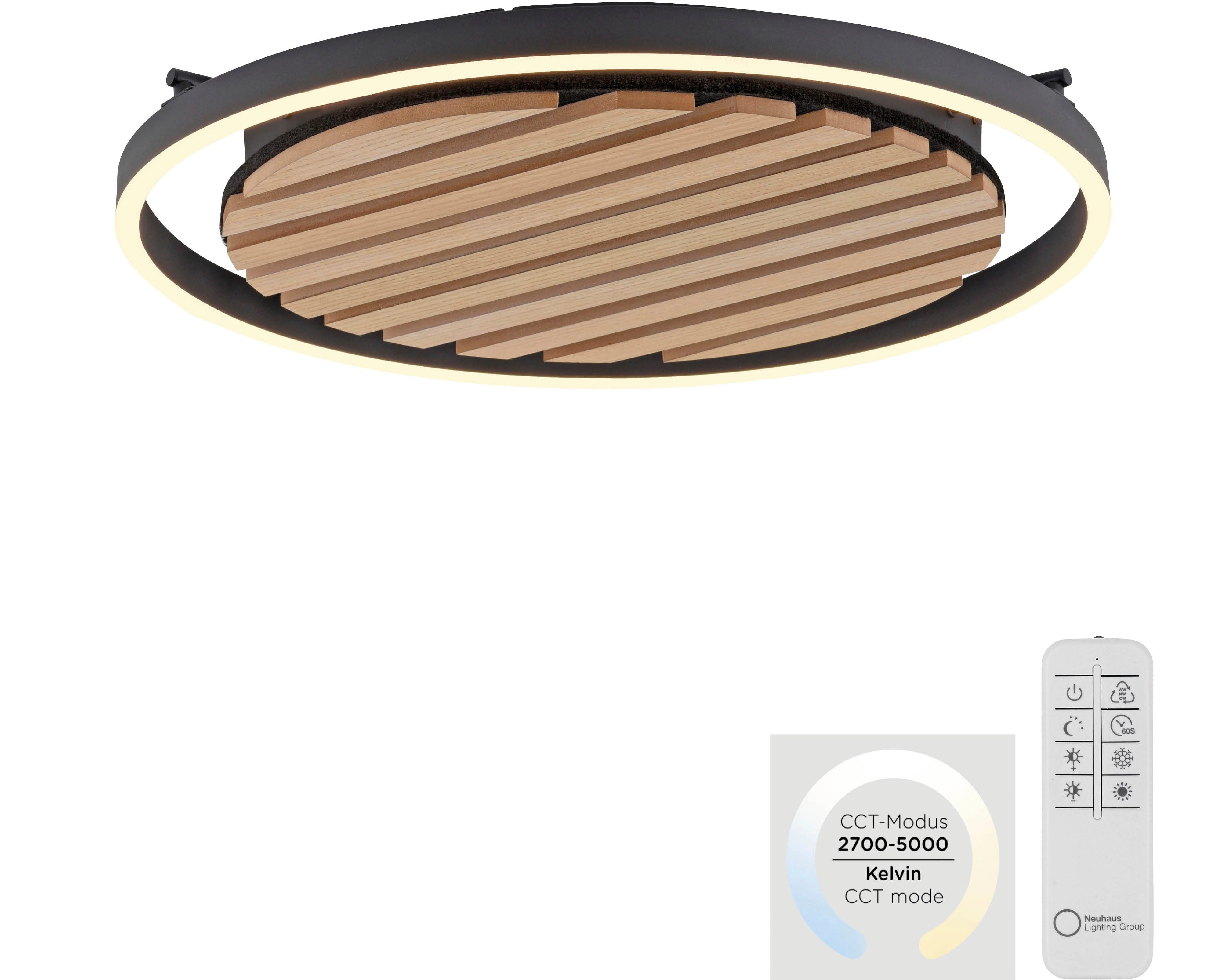 OTTO home Deckenleuchte Brockett - Akustikpaneele, Abschaltautomatik, CCT - über Fernbedienung, Dimmer, Dimmfunktion, Ein-/Ausschalter, Farbsteuerung, Fernbedienung, Infrarot inkl., Leuchtdauer einstellbar, Memory, nach Trennung vom Netz, Memoryfunktion, Nachtlichtfunktion, Timerfunktion, dimmbar über Fernbedienung, mehrere Helligkeitsstufen, LED fest integriert, warmweiß - kaltweiß, Akustikpaneel, CCT, Deckenlampe, Akustik, Holz, Paneele, Fernbedienung