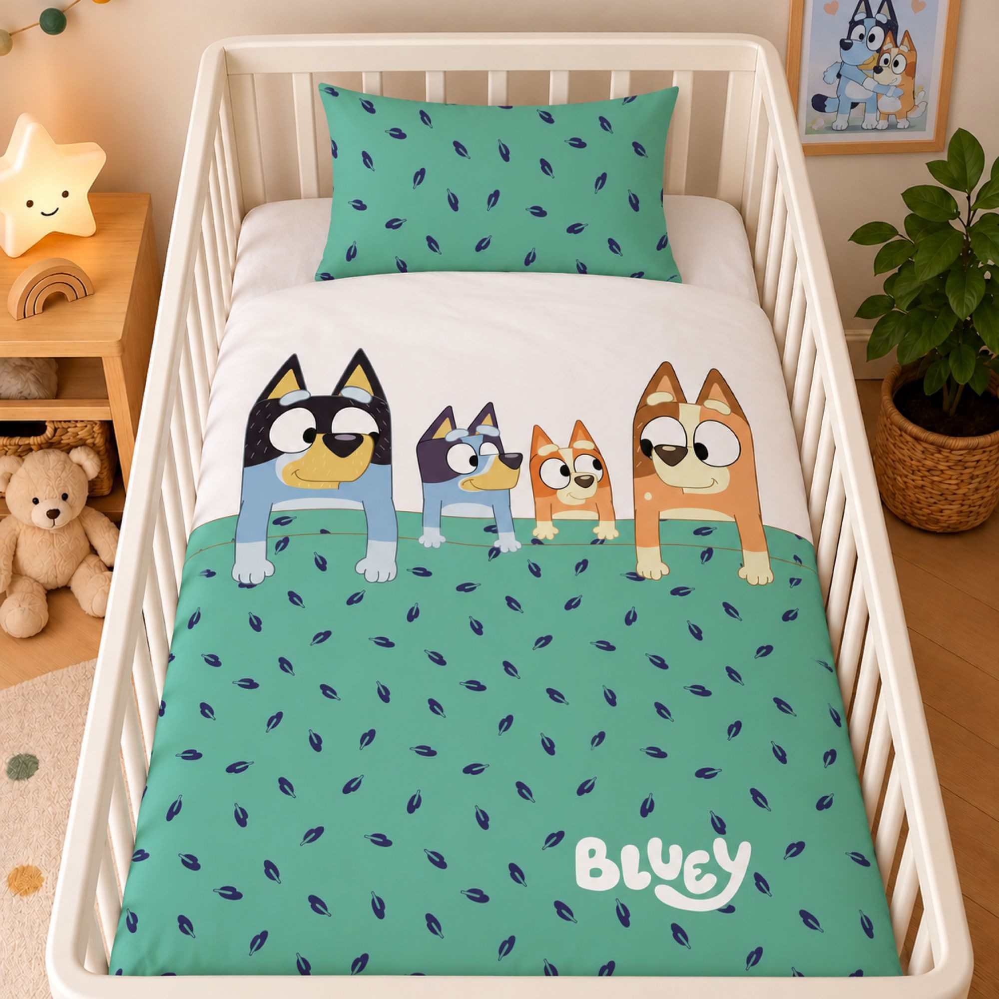 Familando Babybettwäsche Bluey 100x135 40x60 cm Türkis-Blau 100% Baumwolle, Renforcé, 2 teilig, mit liebevollem Motiv für Jungen und Mädchen