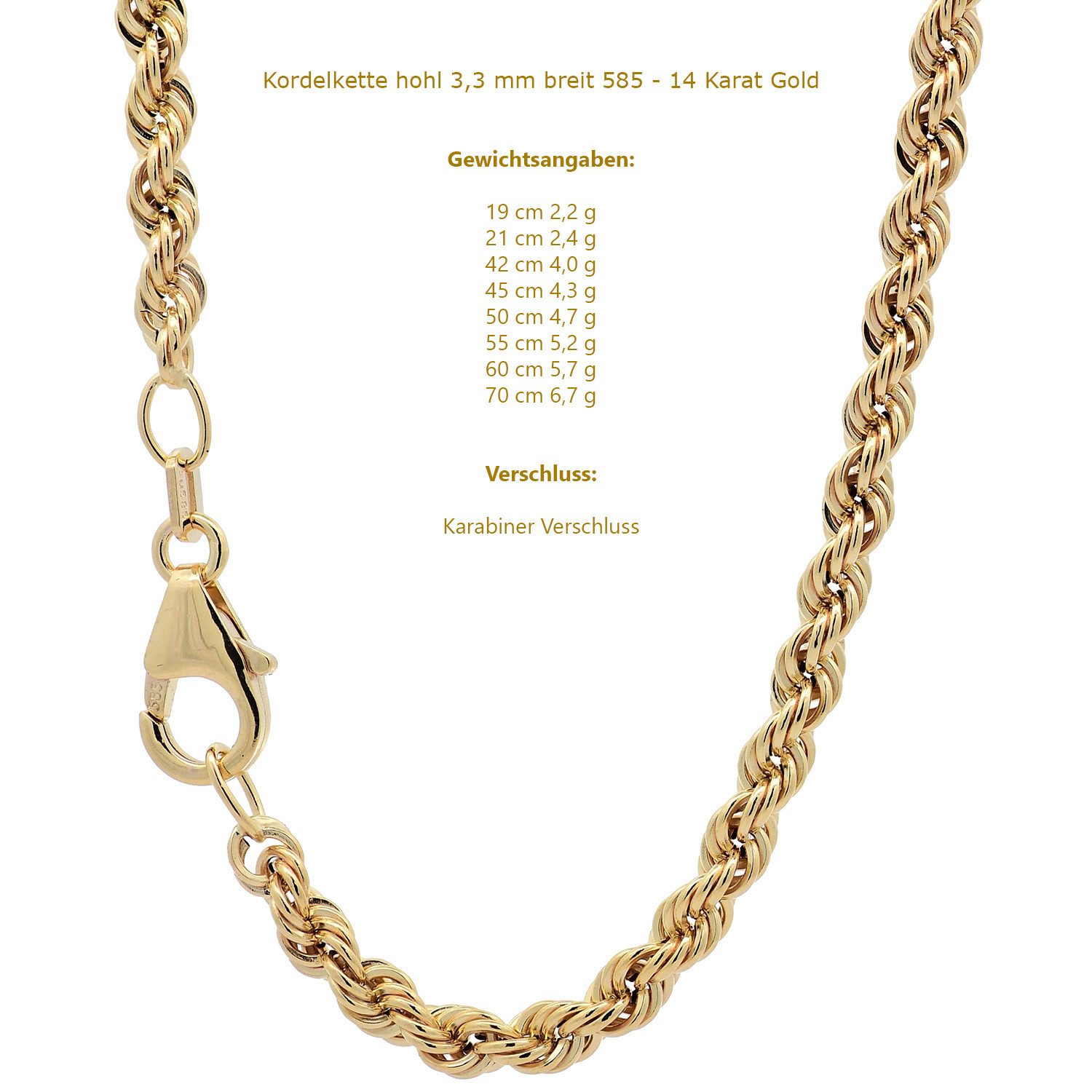 HOPLO Goldkette Goldkette Kordelkette Halskette Breite 3,3 mm 70 cm 585-14 Karat Gold, Made in Germany