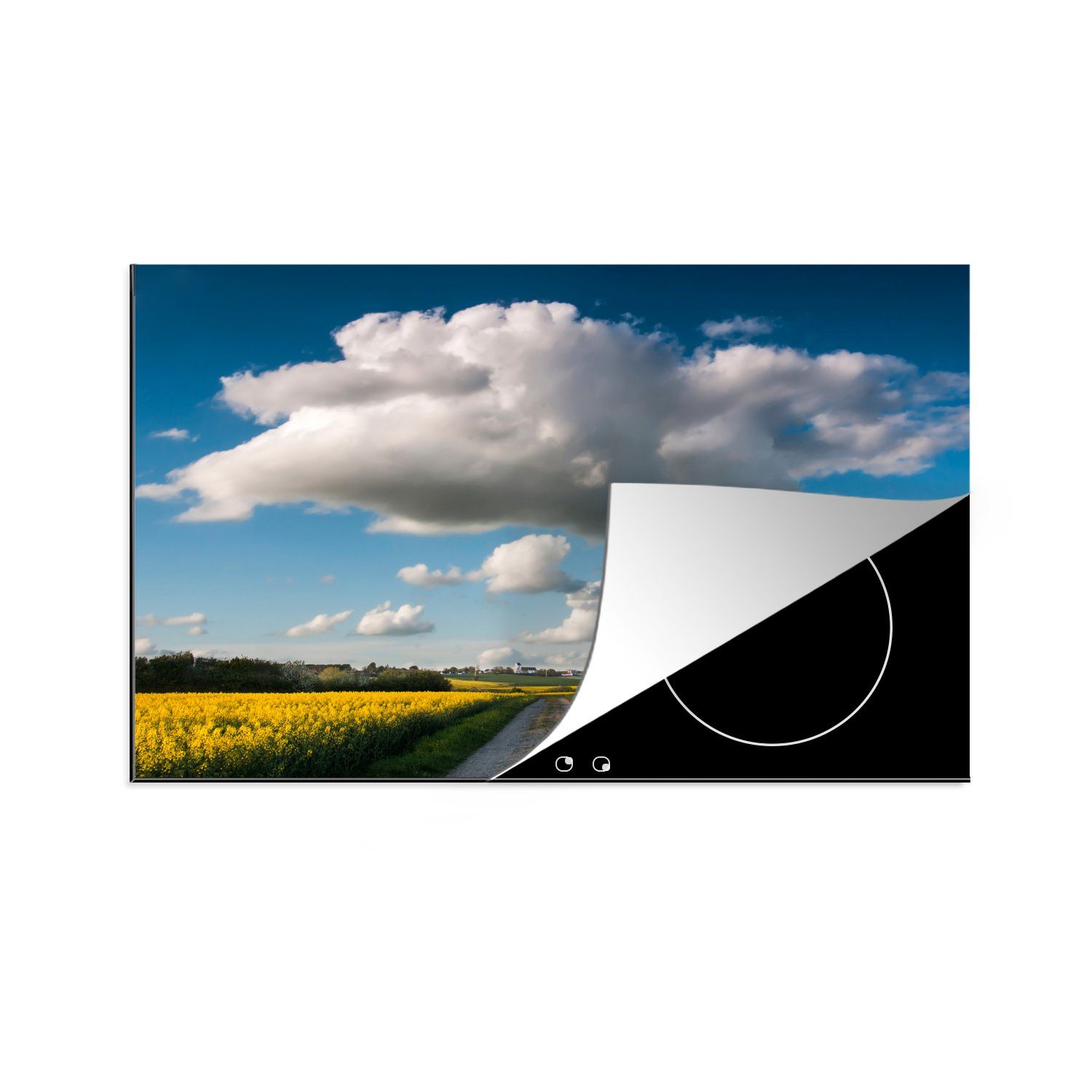 MuchoWow Herdblende-/Abdeckplatte Wolken über einem gelben Feld, Vinyl, (1 tlg), 83x51 cm, Ceranfeldabdeckung, Arbeitsplatte für küche