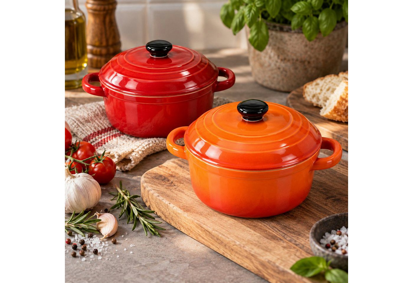 Koopman Ofenschale Auflaufform Gartopf Ofenform 2 Farben Keramik 2 Stk, Keramik, (Set, Packung), je 300ml, mit Deckel, Keramik, Orange + Rot