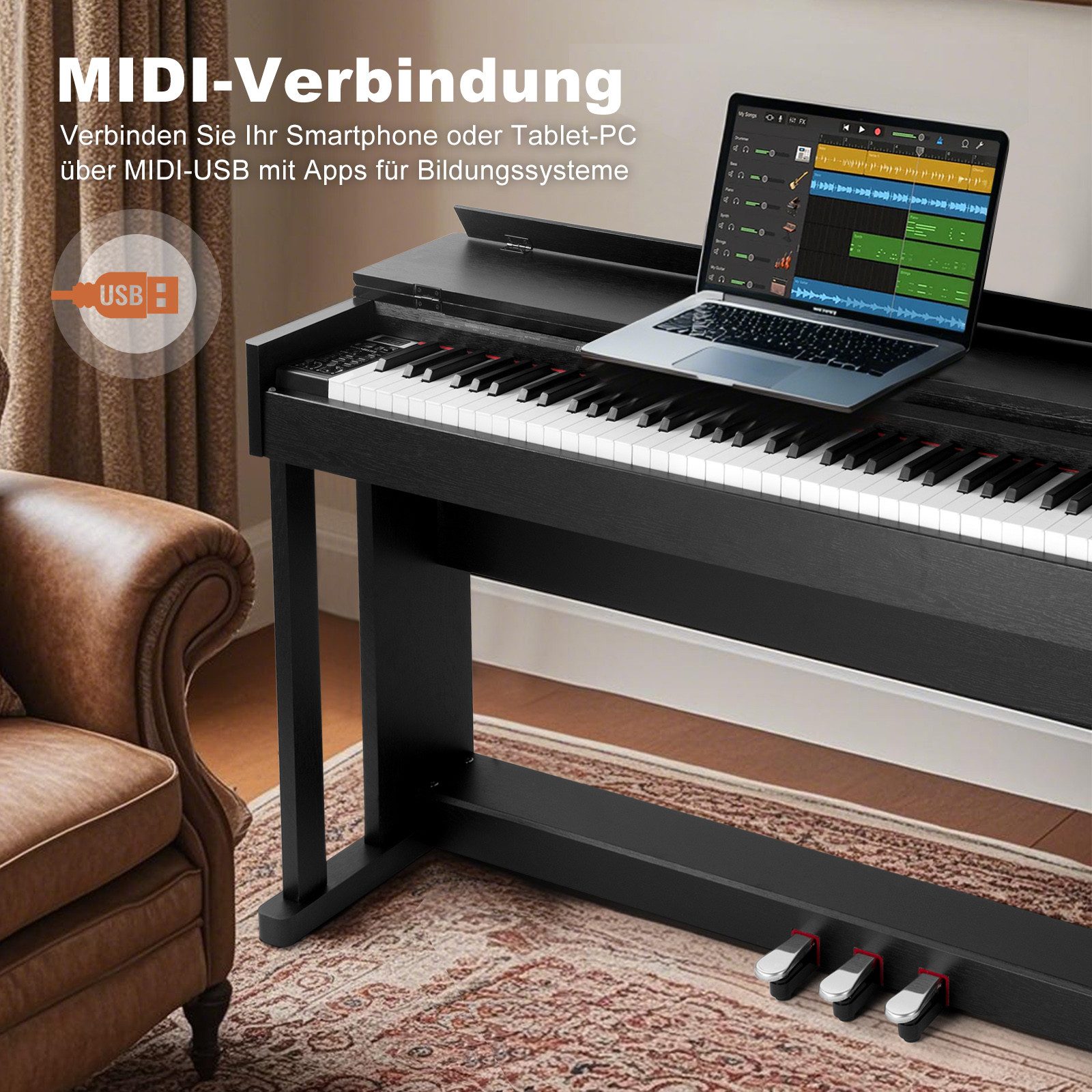 MUSTAR Digitalpiano Professionelles Digitalpiano 88 Tasten mit Hammermechanik, Klavierhocker, 3 Pedalen, USB/MIDI & Dualkontrollsystem – Bild 4 von 5