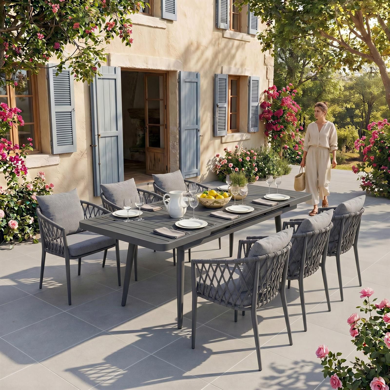 IDIMEX Garten-Essgruppe SUNNY, (7-tlg), Gartenmöbel Set mit 6 Stühlen & ausziehbarem Tisch schwarz/grau