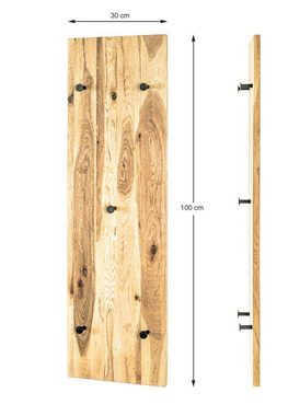 möbelando Garderobe Torino Oak 12, Wandgarderobe aus Massivholz Eiche geölt (Royal Oak), mit 5 Haken aus Metall in schwarz pulverbeschichtet