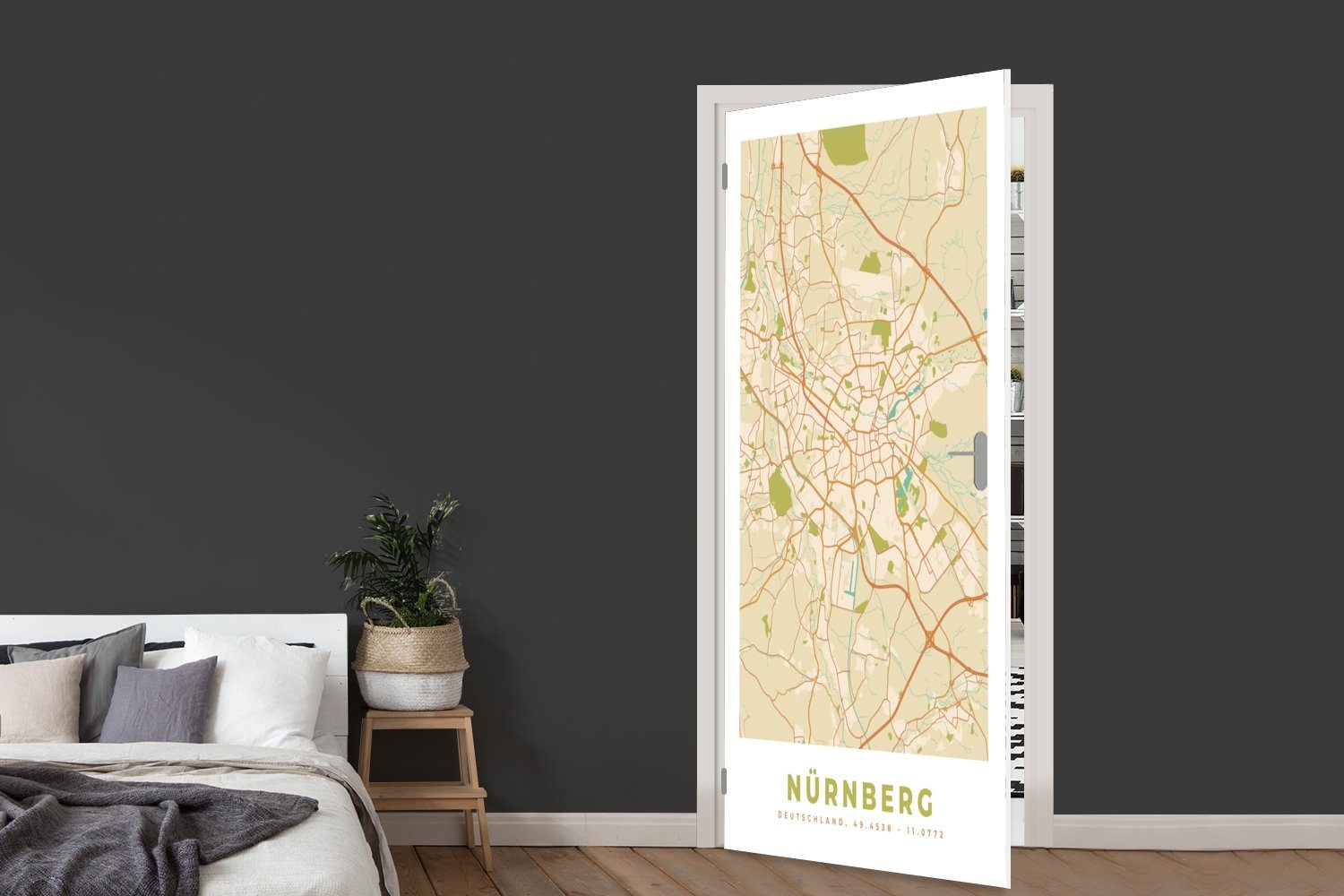 Karte St), bedruckt, Vintage Türaufkleber, Nürnberg Tür, - Stadtplan, Fototapete - Karte MuchoWow cm für 75x205 Türtapete Matt, (1 - -