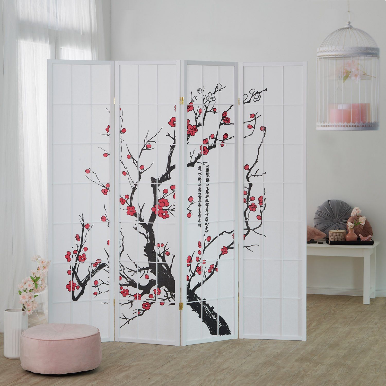 Homestyle4u Paravent Raumteiler Shoji Kirschblüten Muster Sichtschutz Weiß Indoor Holz Baum (4-teilig), faltbar, Motiv