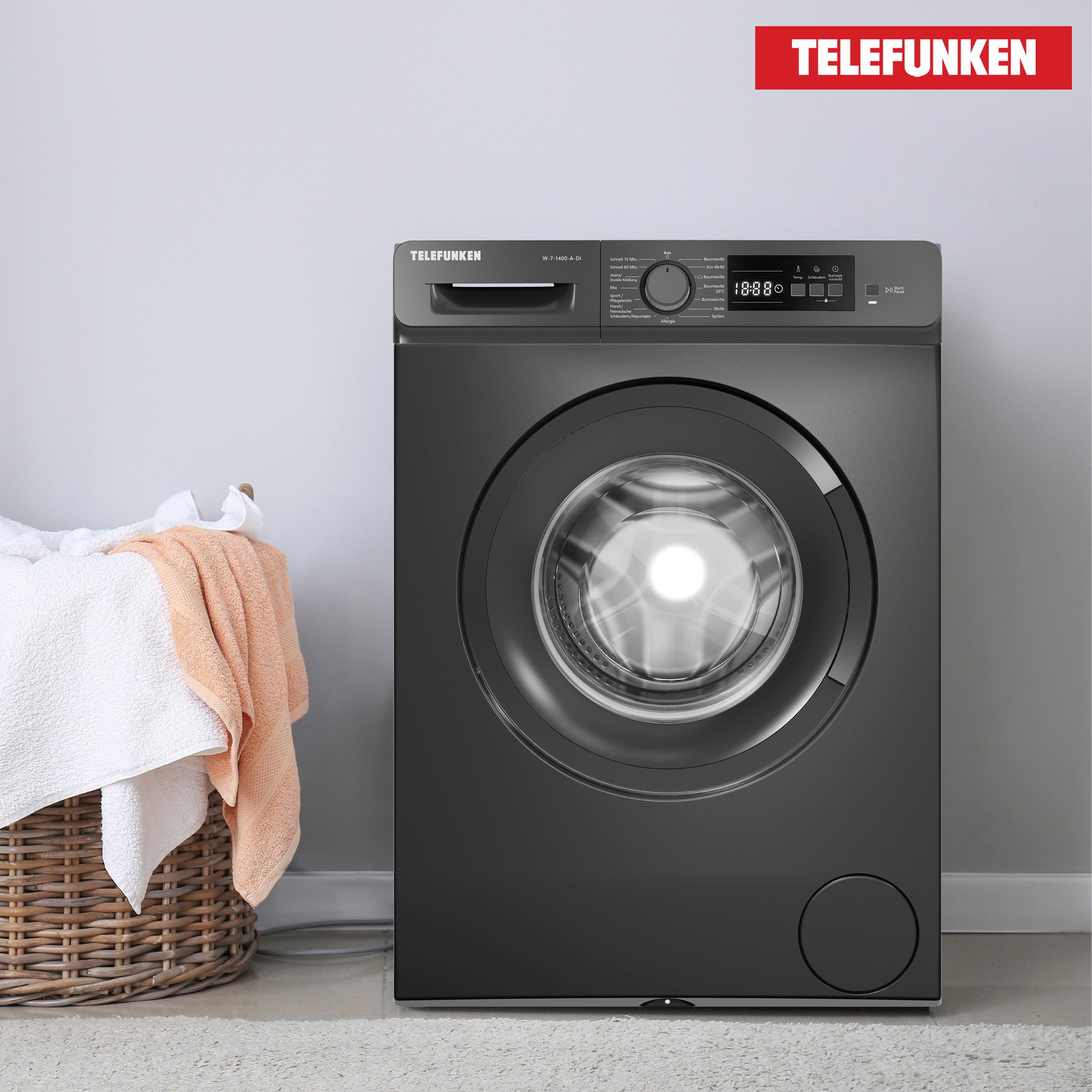 Telefunken Waschmaschine W-7-1400-A-DI, 7 kg, 1400 U/min, AquaStop, Inverter Motor, Schontrommel, 7kg, Leise & Effizient, inox