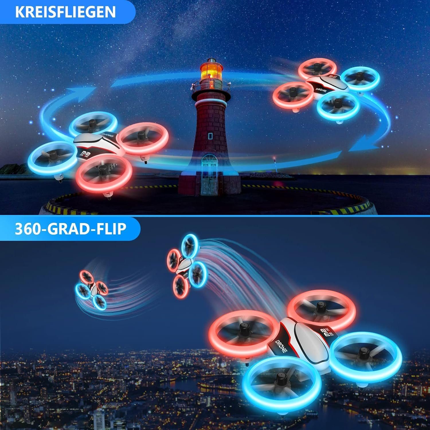 Akkus, 3 21 Min LED, Kopflosmodus, Drohne mit Flips, (RC AVIALOGIC Flugzeit) Drone 3D