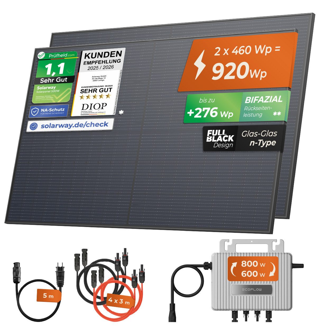 Solarway Balkonkraftwerk 920Wp / 800W komplett Steckdose - neuester EcoFlow Stream 800 Watt, 920 W, Monokristallin, (Solarway 460W Solarmodul & EcoFlow STREAM), – Bild 2 von 5