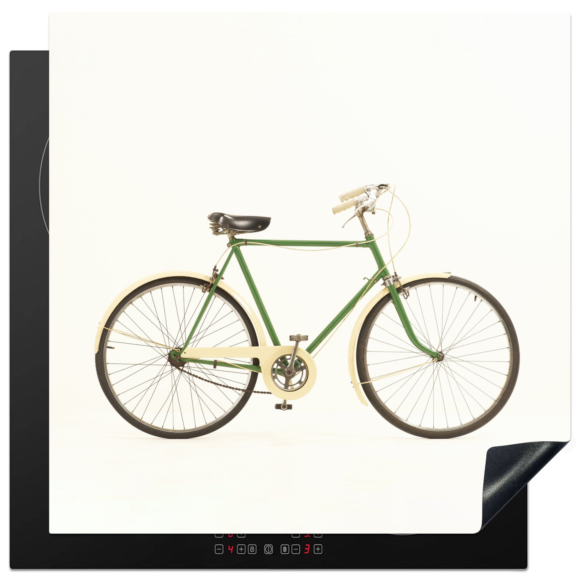 MuchoWow Herdblende-/Abdeckplatte Fahrrad - Grün - Weiß, Vinyl, (1 tlg), 78x78 cm, Ceranfeldabdeckung, Arbeitsplatte für küche