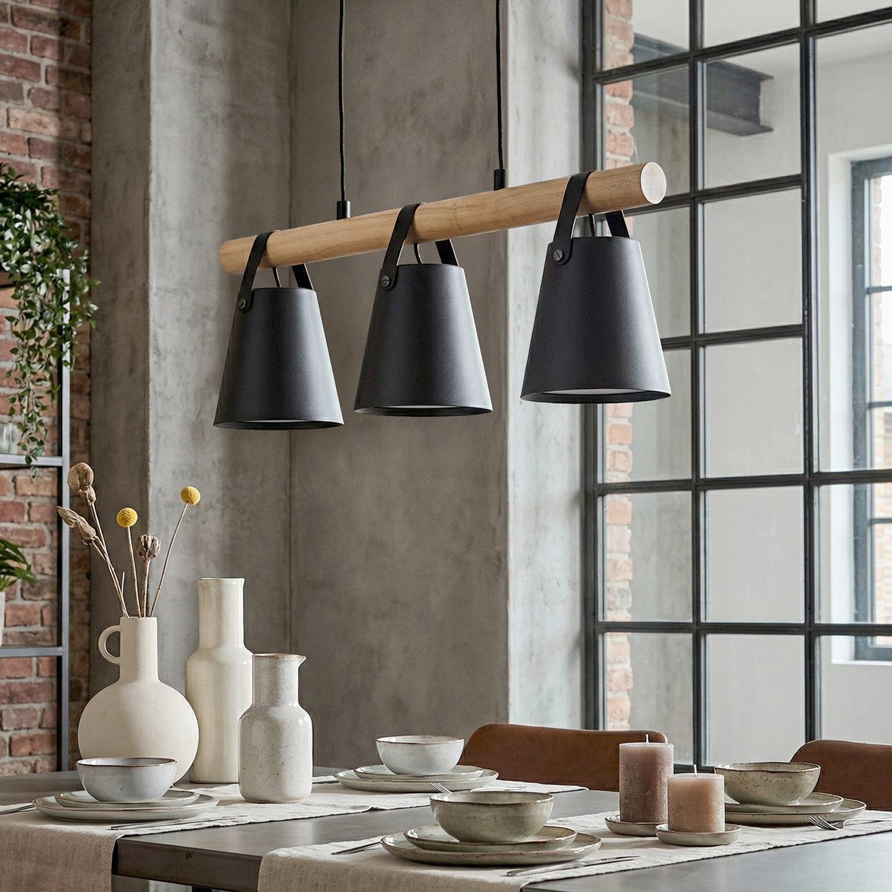hofstein Hängeleuchte Hängelampe aus Metall/Holz/Kunststoff in Schwarz/Natur/Weiß, ohne Leuchtmittel, moderne Pendelleuchte im Boho/Retro-Design mit Holzstab, 3 x E27