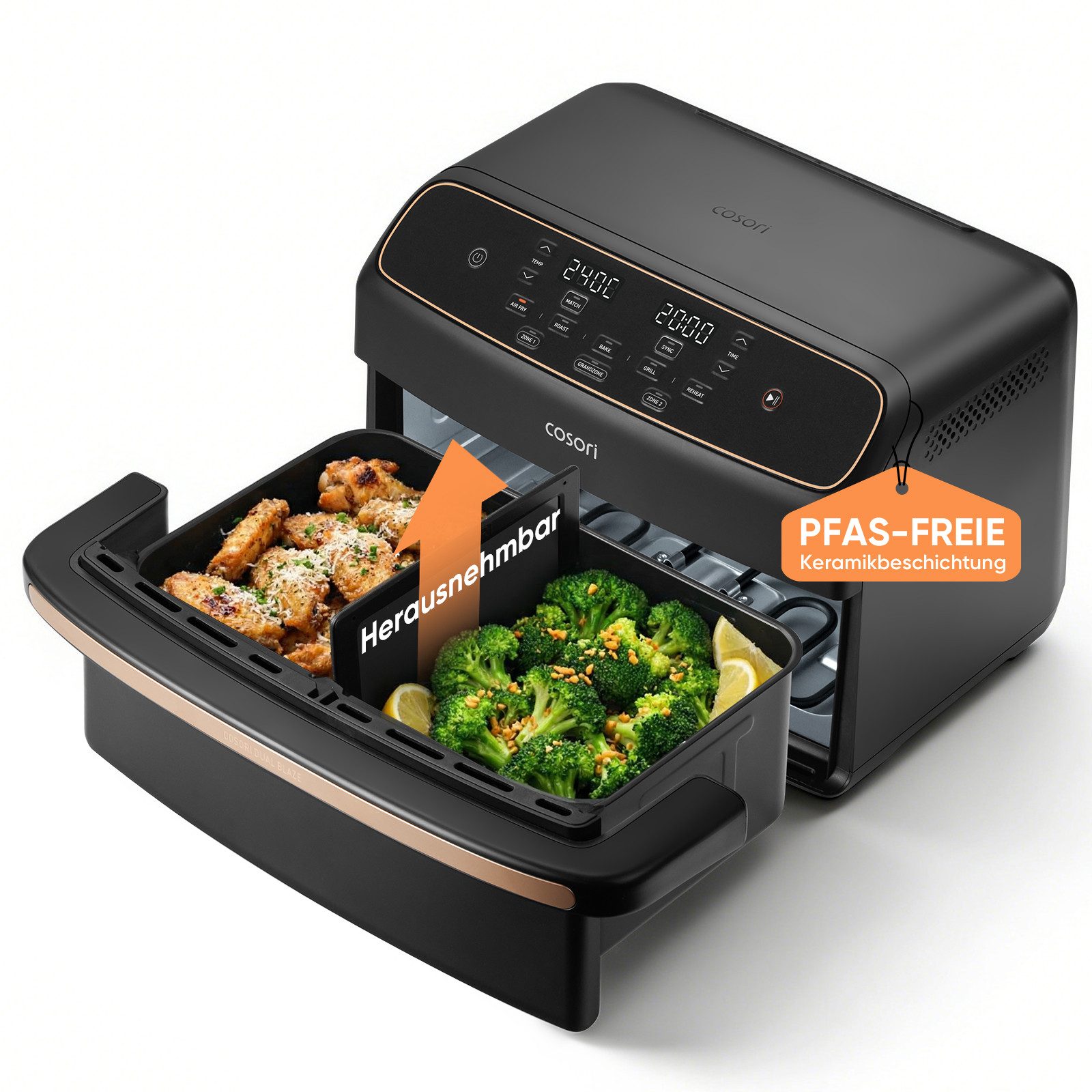 Cosori Heißluftfritteuse Dual Blaze TwinFry™ Compact CAF-TF801-CEUR 8,6-Liter Airfryer, Flex-Zone, 20 Rezepte, 2700 W, Dual Blaze™ Technologie, MATCH- & SYNC-Funktion, Keramikbeschichtung