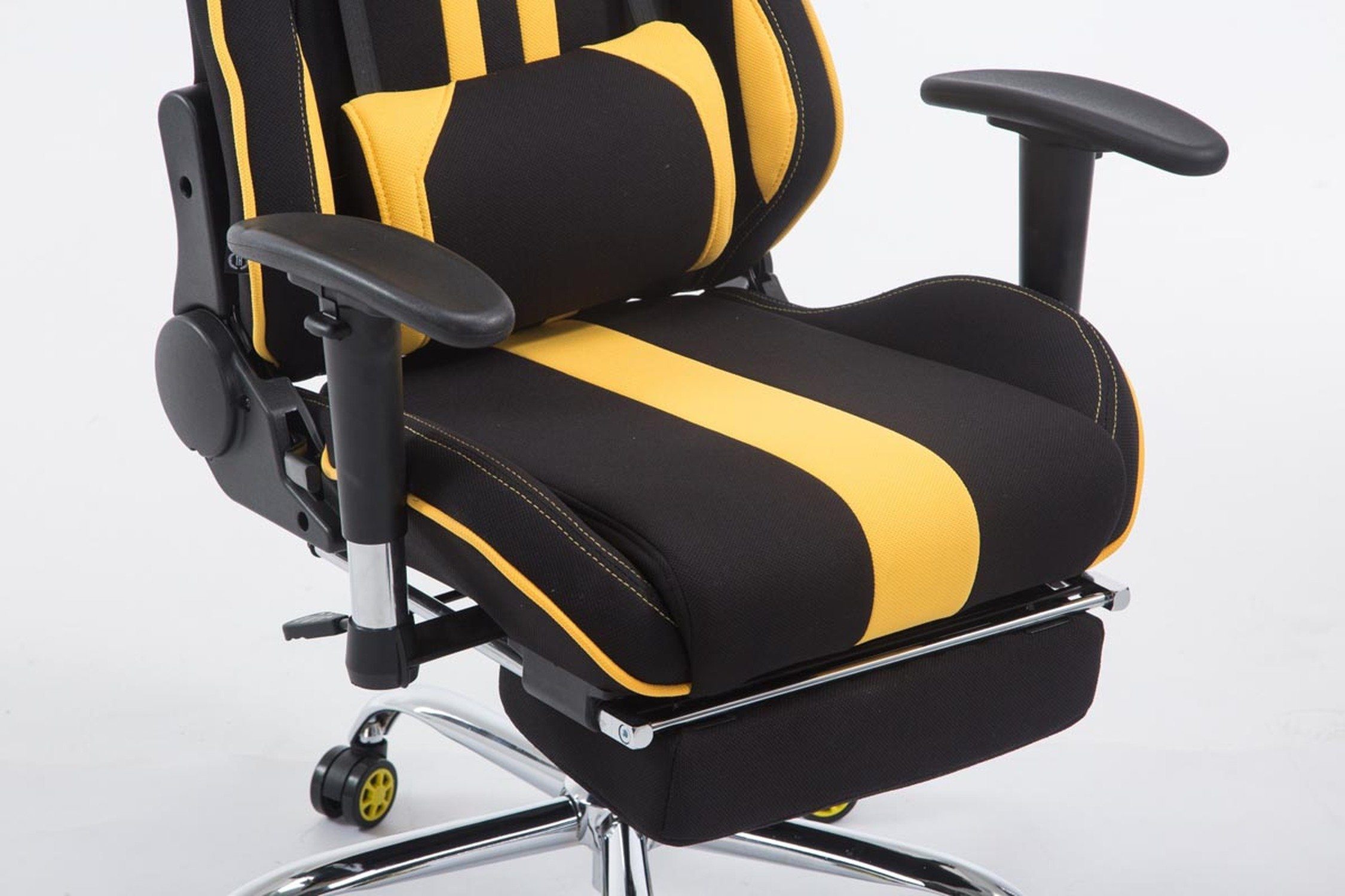Rückenlehne bequemer drehbar Gestell: 360° - TPFLiving Stoff Gaming-Stuhl mit Limitless-2 Drehstuhl, (Schreibtischstuhl, Sitzfläche: - Metall höhenverstellbar - Racingstuhl, Gamingstuhl, Chefsessel), chrom schwarz/gelb