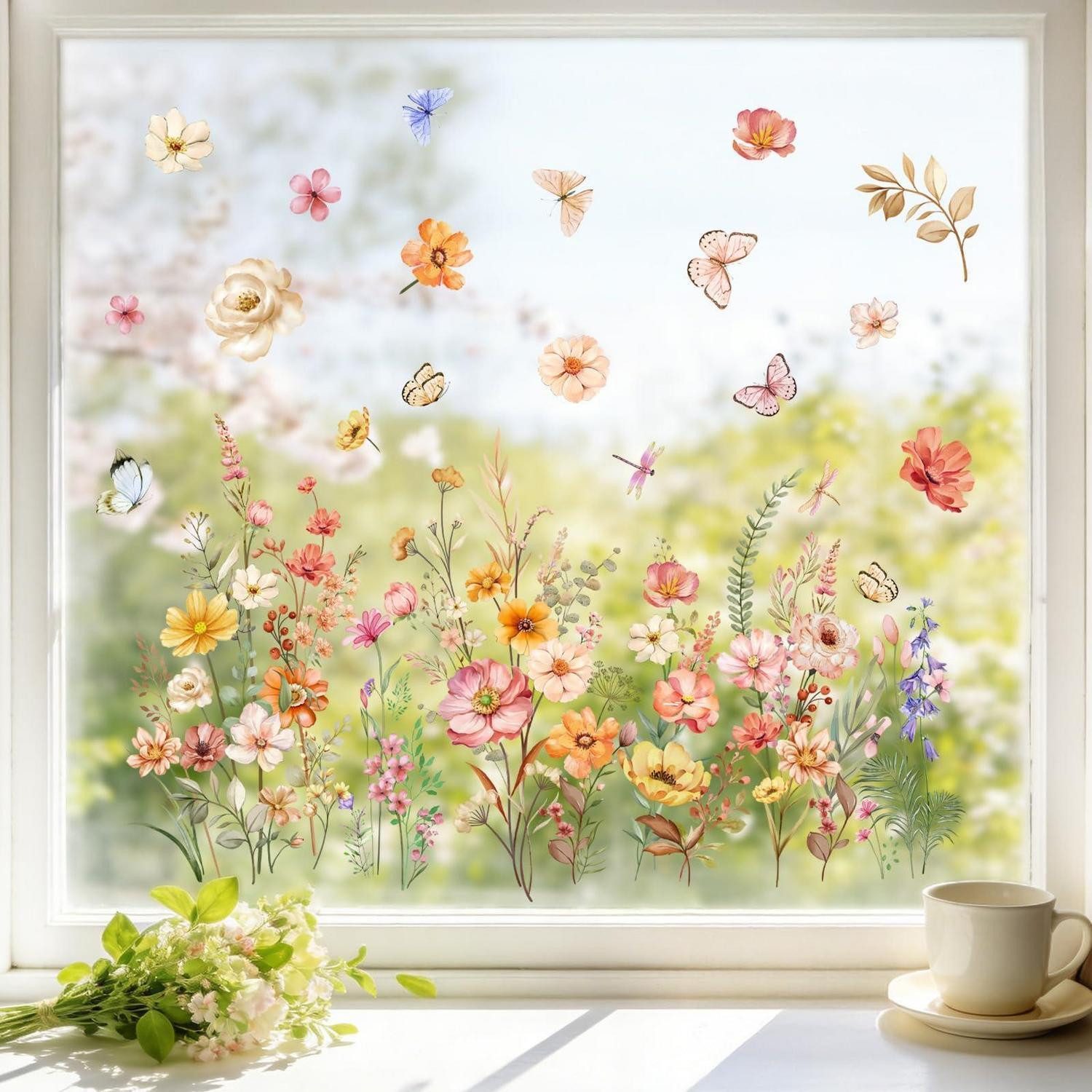 LuxusKollektion Fensterbild Fensteraufkleber Wildblumen Schmetterlinge 60x30cm
