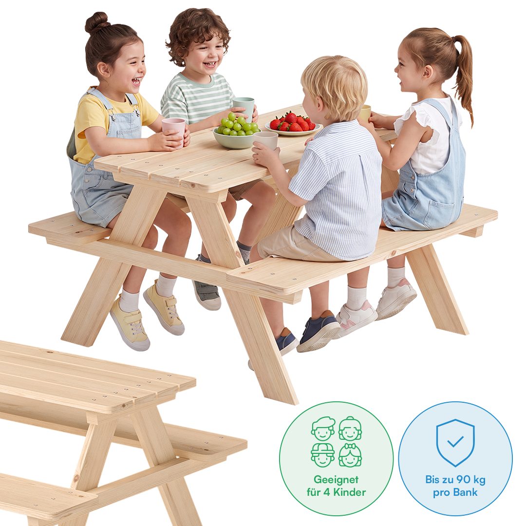 Bellabino Kindersitzgruppe Inny Outdoor-Bank aus Holz, (Tisch und Bänke, Sitzgruppe), für 4 Personen, unbehandelt, Kindermöbelset aus Kiefer Massivholz