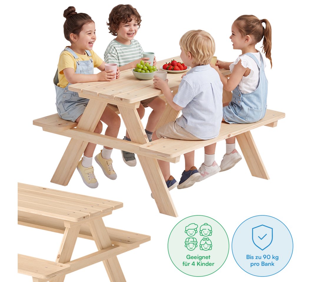 Bellabino Kindersitzgruppe Inny Outdoor-Bank aus Holz, (Tisch und Bänke, Sitzgruppe), für 4 Personen, unbehandelt, Kindermöbelset aus Kiefer Massivholz