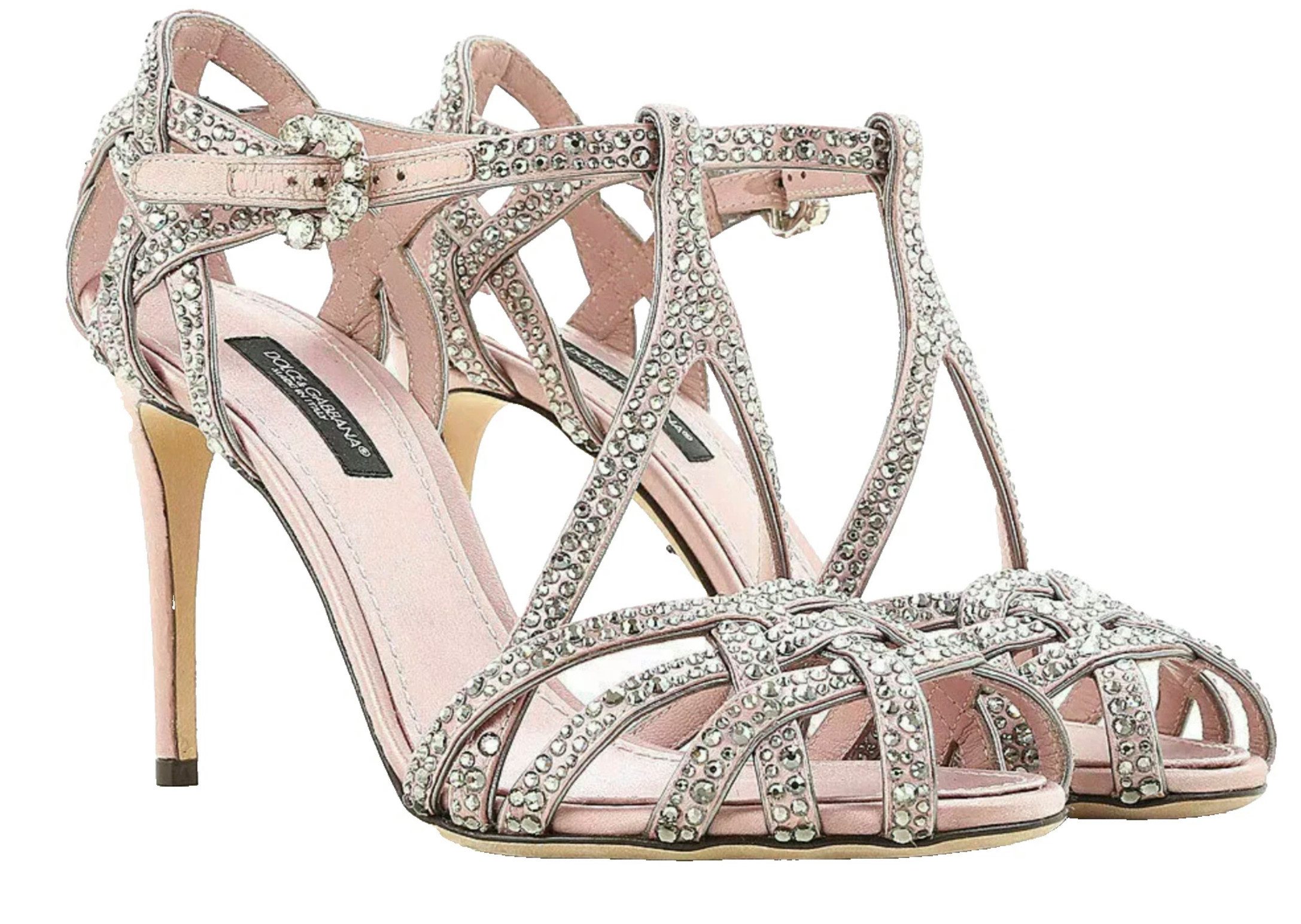 DOLCE & GABBANA Luxuriöse Satinsandalen Туфли in Rosé mit Kristallbesatz Sandale T-Strap mit Strassverzierung Kristallbesatz