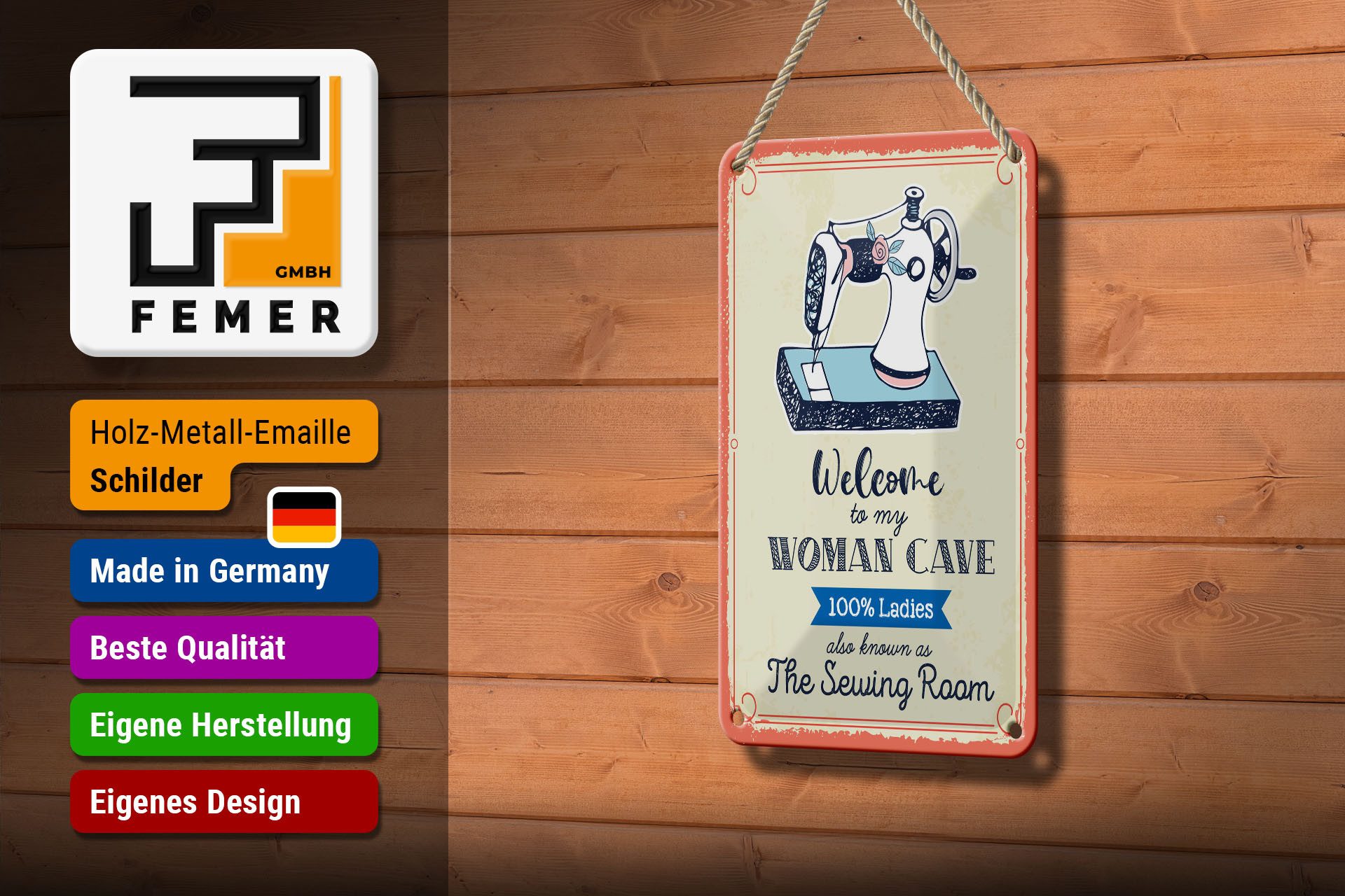 Femer GmbH Metallschild Spruch 12x18 cm Welcome to my woman cave, (1 St), gewölbte Oberfläche, abgerundete Ecken, umgeschlagene Kanten