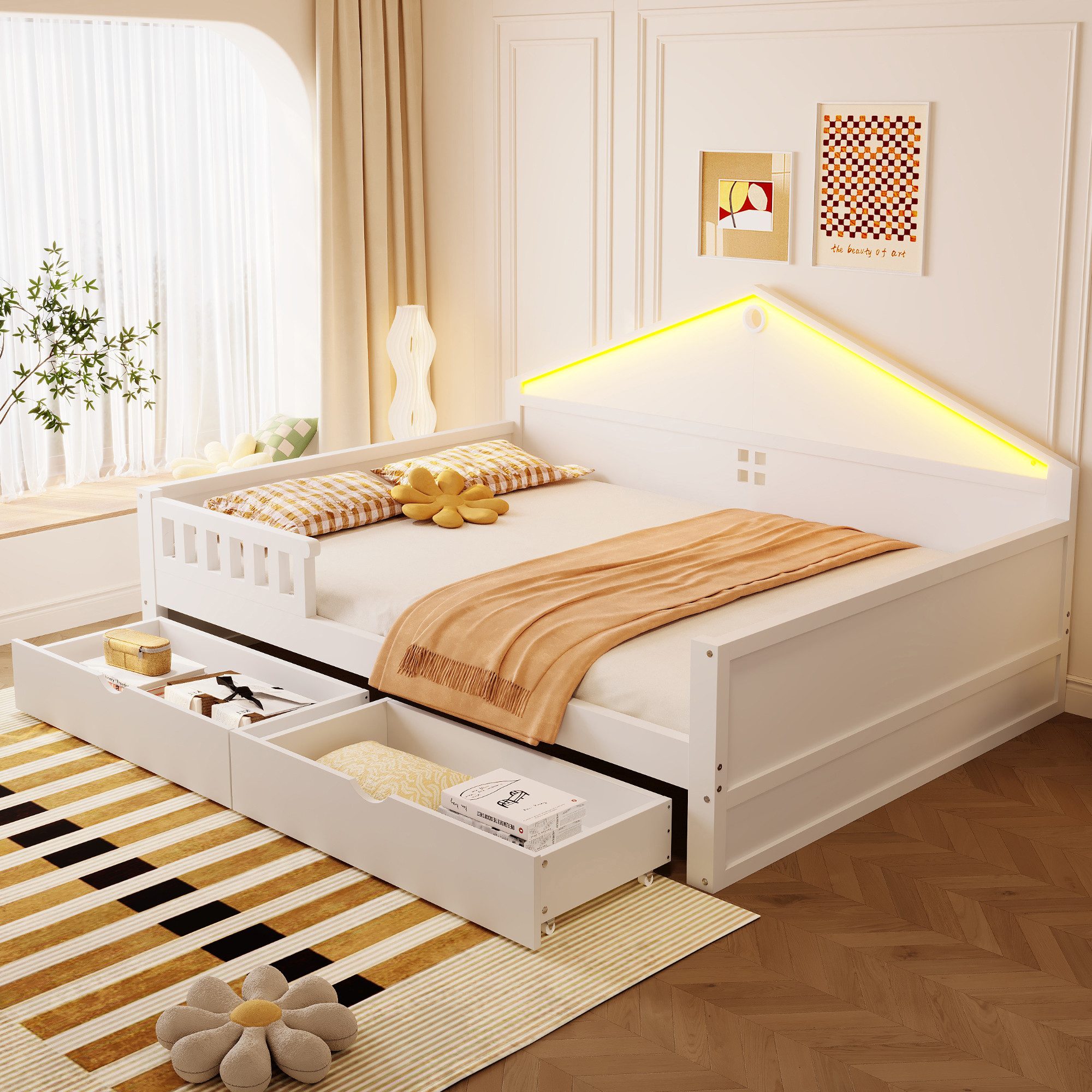Flieks Kinderbett, Daybett Doppelbett Massivholz 140x200cm mit Lichtleiste & 2 Schubladen