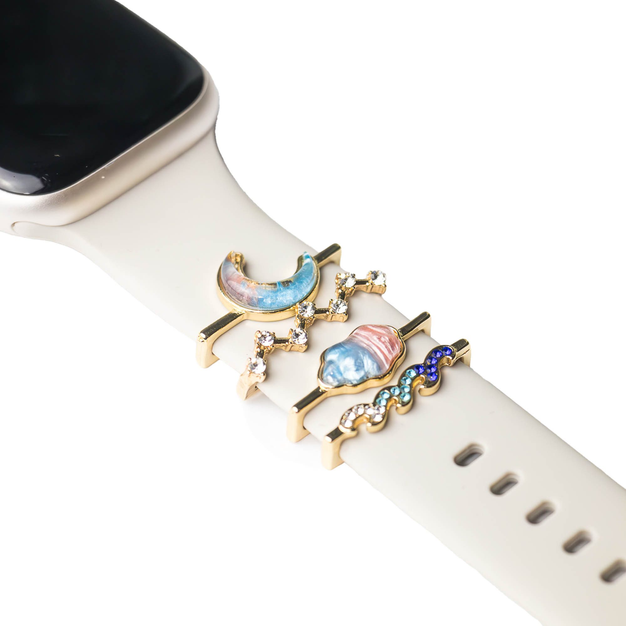 EAZY CASE Smartwatch-Armband Apple Watch Charms Set 38/40/41mm & 42/44/45/49mm, Smartwatch Schmuck Mond Wolke Welle Bunt Gold