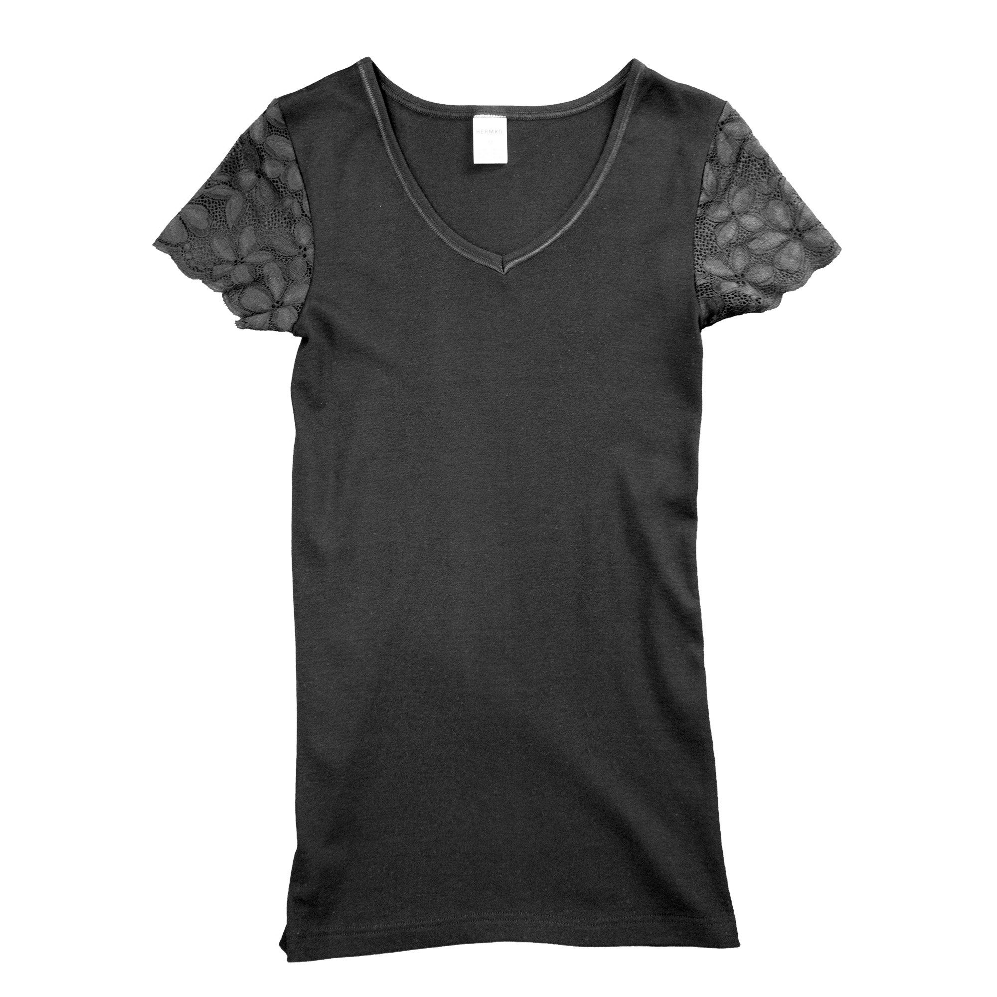 HERMKO + schwarz Damen 1788030 V-Ausschnitt Shirt Spitzen-Ärmeln Unterziehshirt kurzen