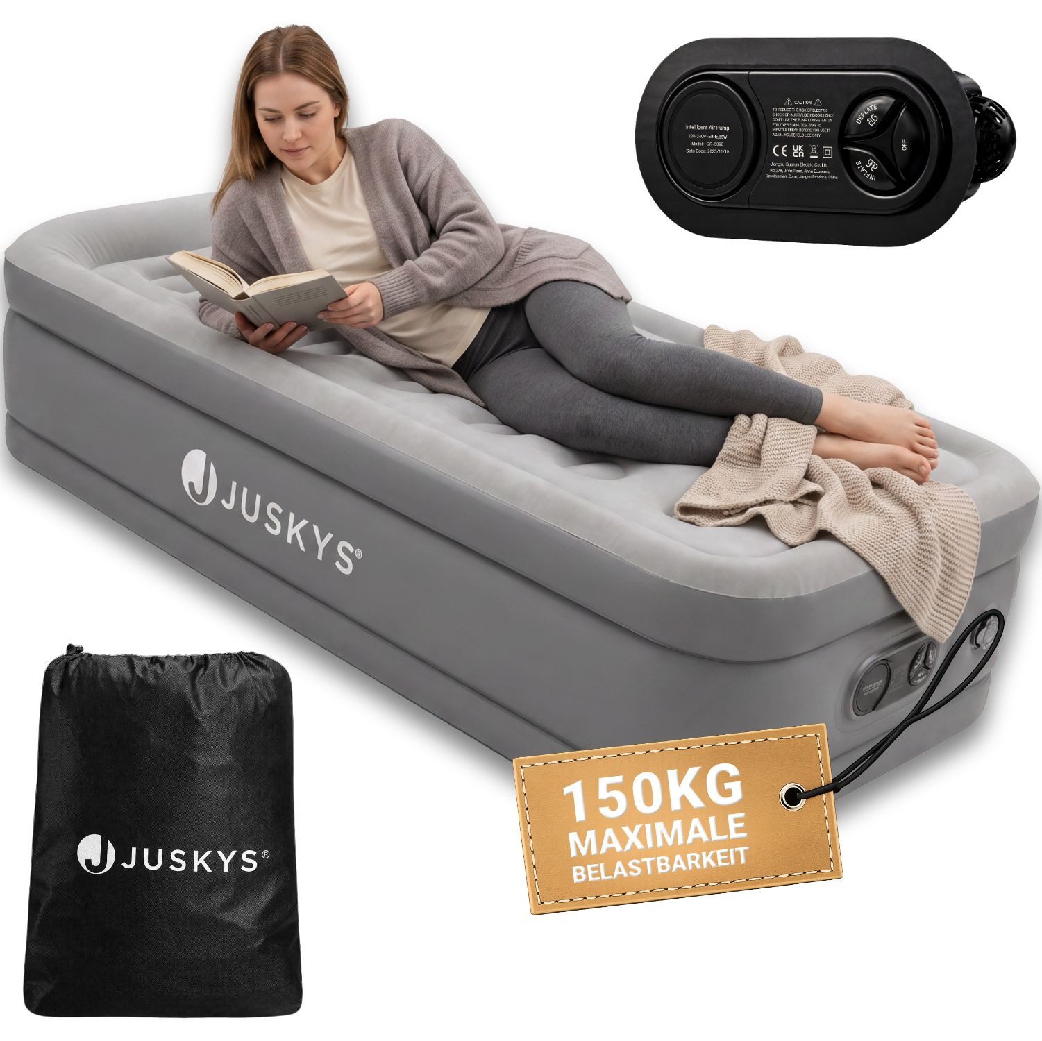 Juskys Luftmatratze Sapri, Einzel-Luftbett, selbstaufblasend, wasserdicht, inkl. Pumpe, Tasche
