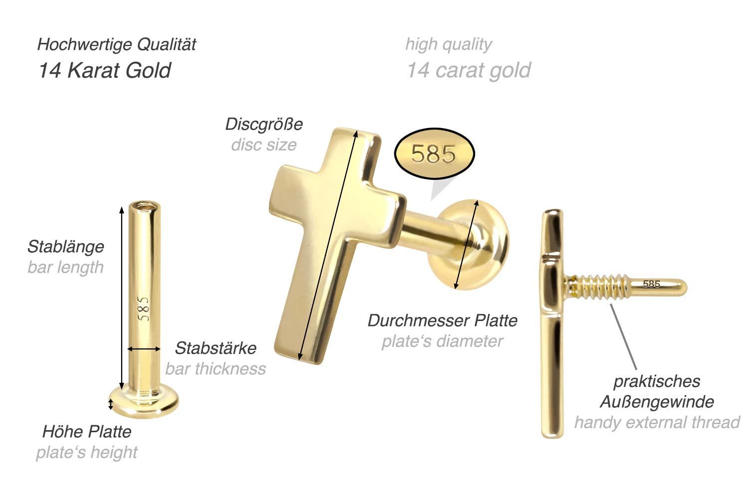 PIERCINGLINE Piercing-Set 14 Karat Gold Labret mit Innengewinde KREUZ (Labrets, 1-tlg)