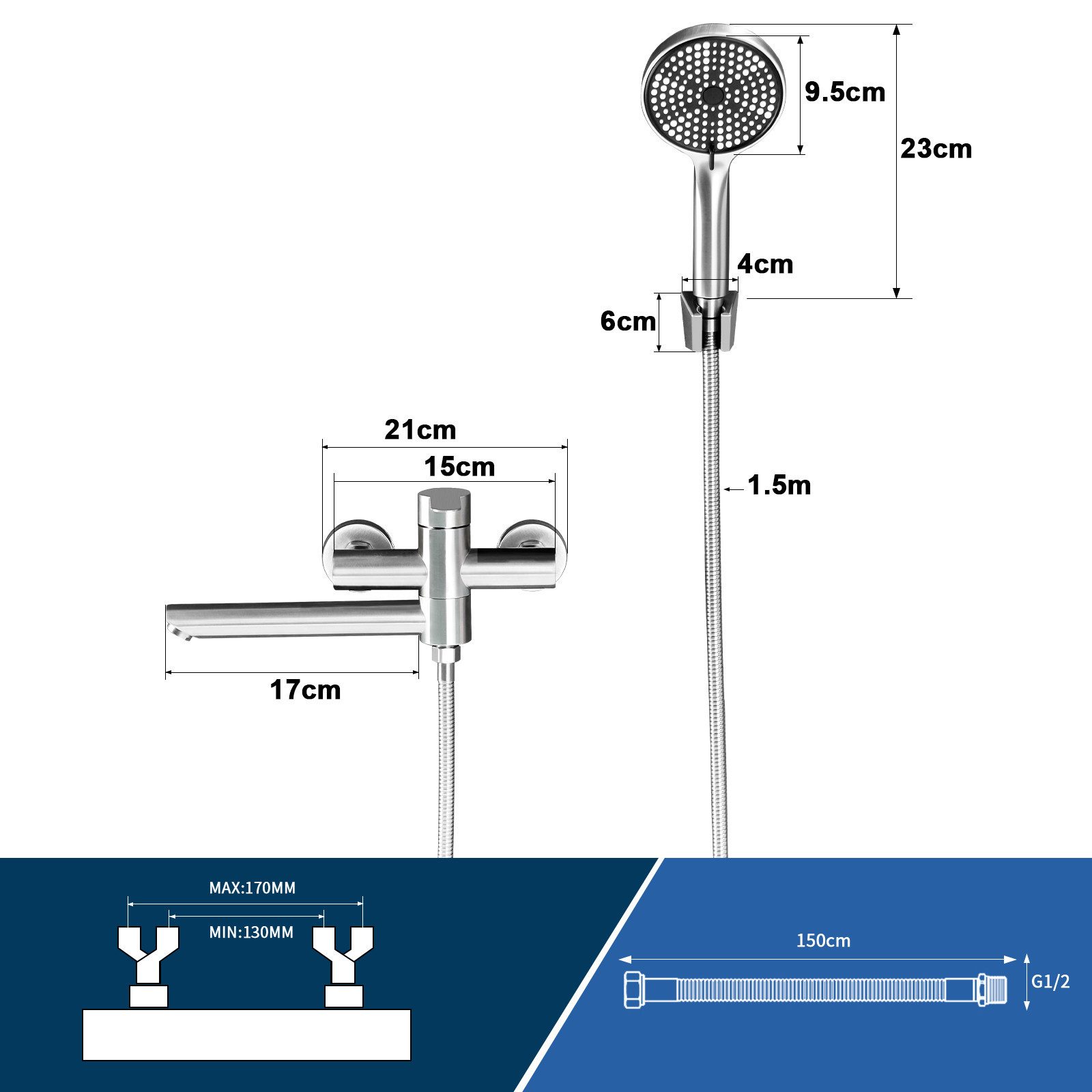 ZMH Duschsystem Wannenarmatur mit Handbrause Mischbatterie Badewanne, 150mm Wandmontage Armatur 3 Funktionen – Bild 2 von 5