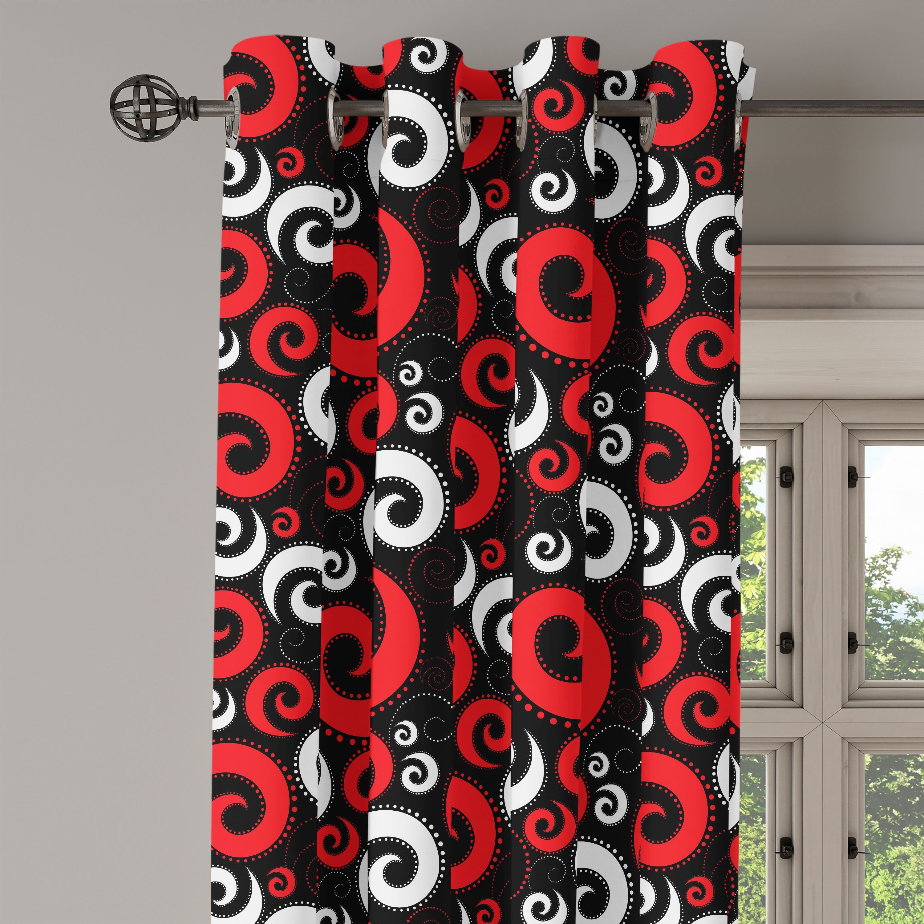 Gardine Dekorative 2-Panel-Fenstervorhänge für Schwarz Wohnzimmer, Spiralen Rot Punkte Abakuhaus, und und Schlafzimmer