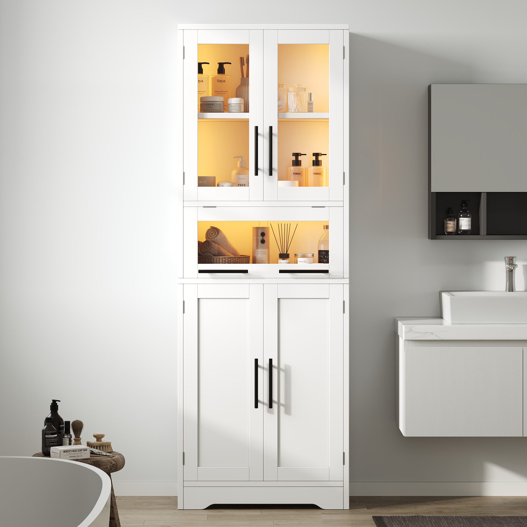 Celya Hochschrank mit LED und viel Stauraum (verstellbare Einlegeböden, per App steuerbarer LED-Lichtstreifen) freistehendes Aufbewahrungsmöbel, nordisch-minimalistischer Stil