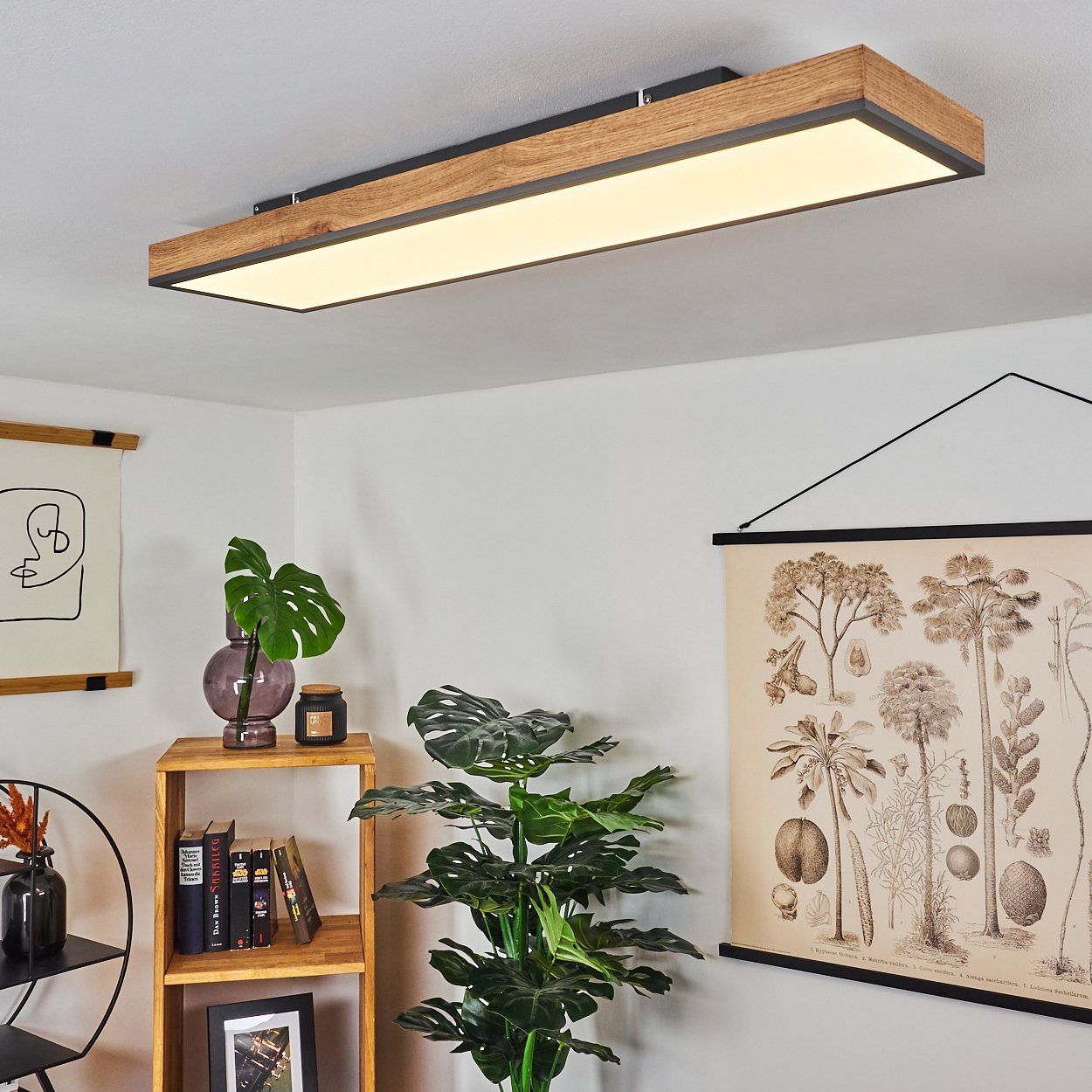 hofstein Deckenleuchte »Vacil« modernes Deckenpanel aus Metall und Holz in Schwarz/Weiß/Natur, 3000 Kelvin, 24 Watt, 2100 Lumen, längliche Deckenlampe in flachem Design