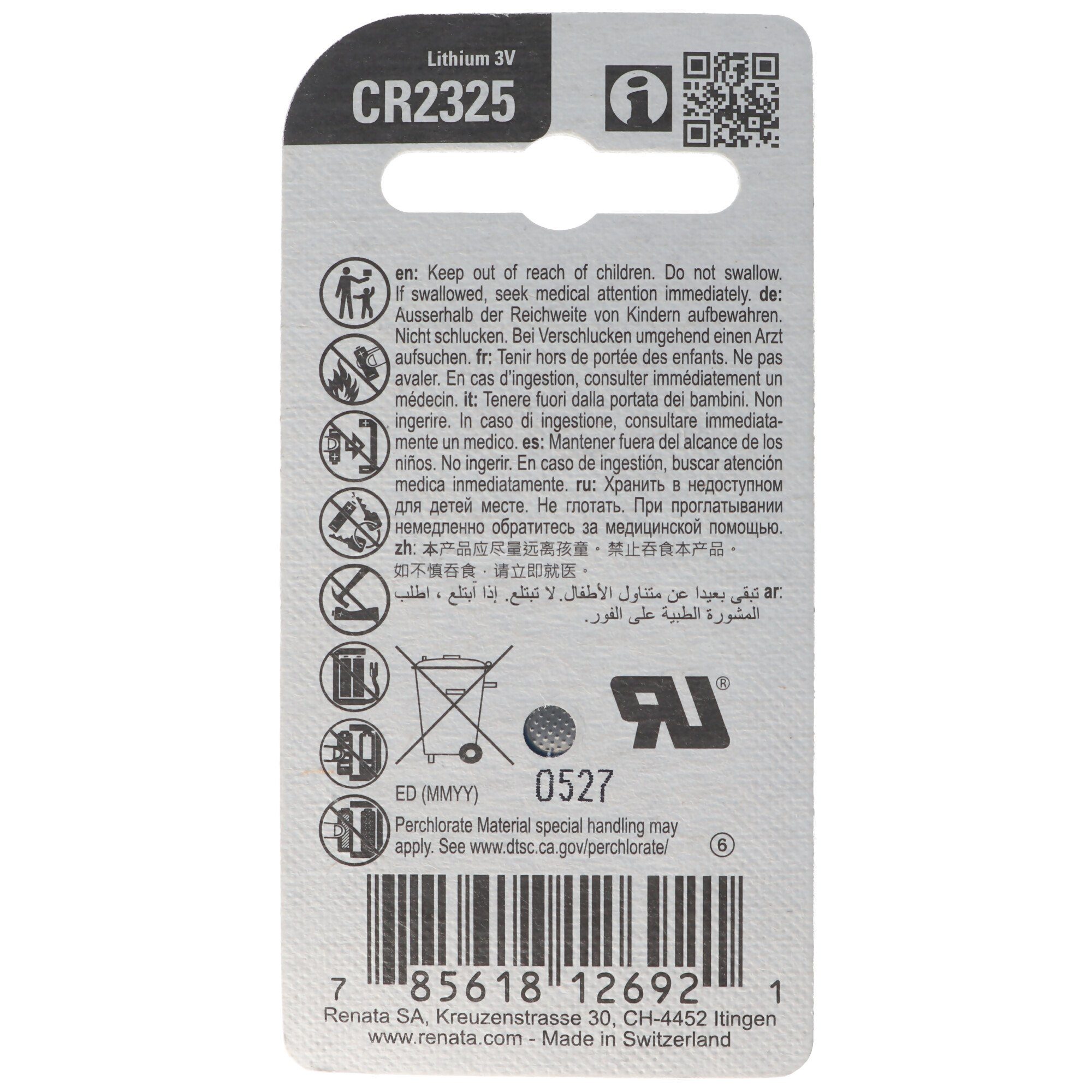 190mAh CR2325, Lithium V) (3,0 IEC Batterie CR2325 Renata Batterie, Renata max. BR2325