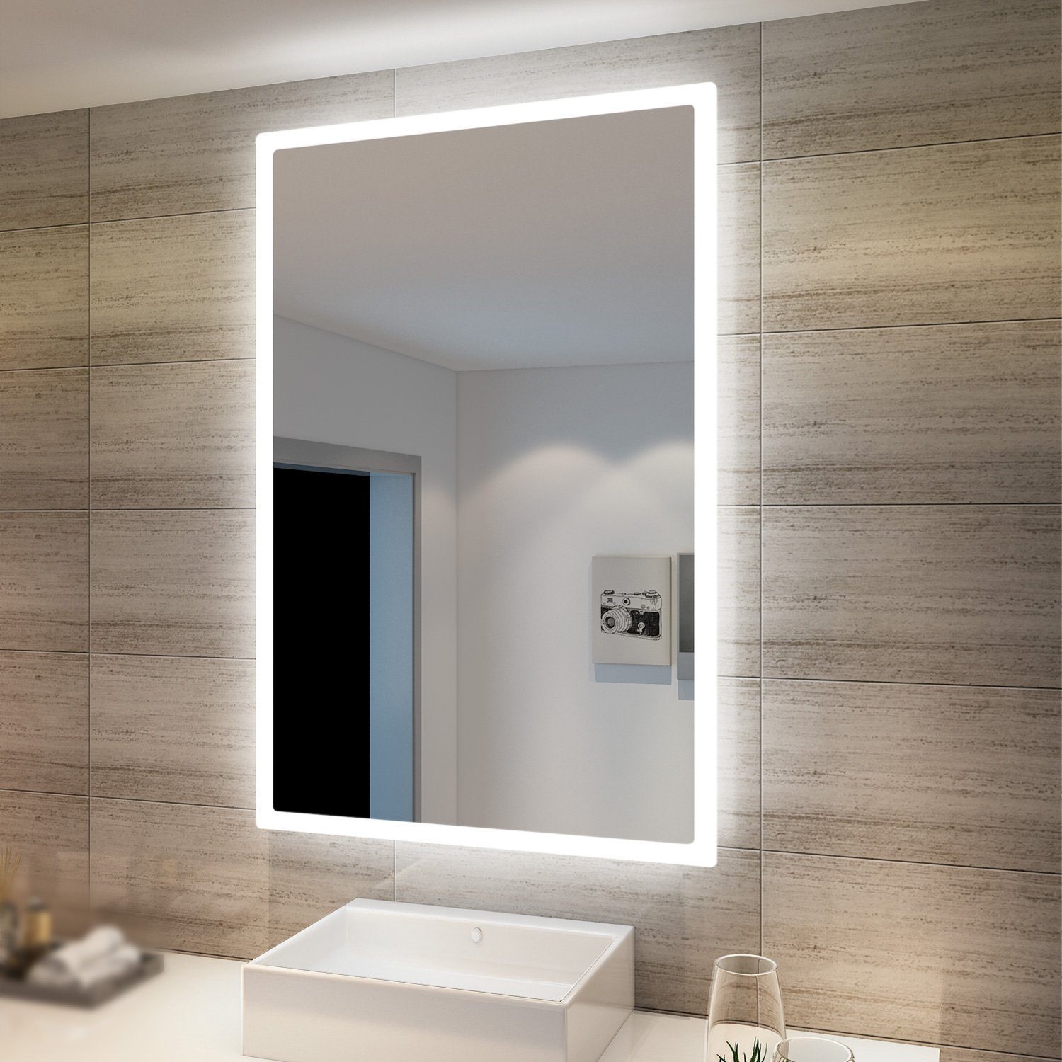 Wandschalter, energiesparender, Wandspiegel Badspiegel,Lichtspiegel 60×40 Schminkspiegel Beleuchtung kaltweiß cm SONNI LED mit IP44,Badezimmerspiegel