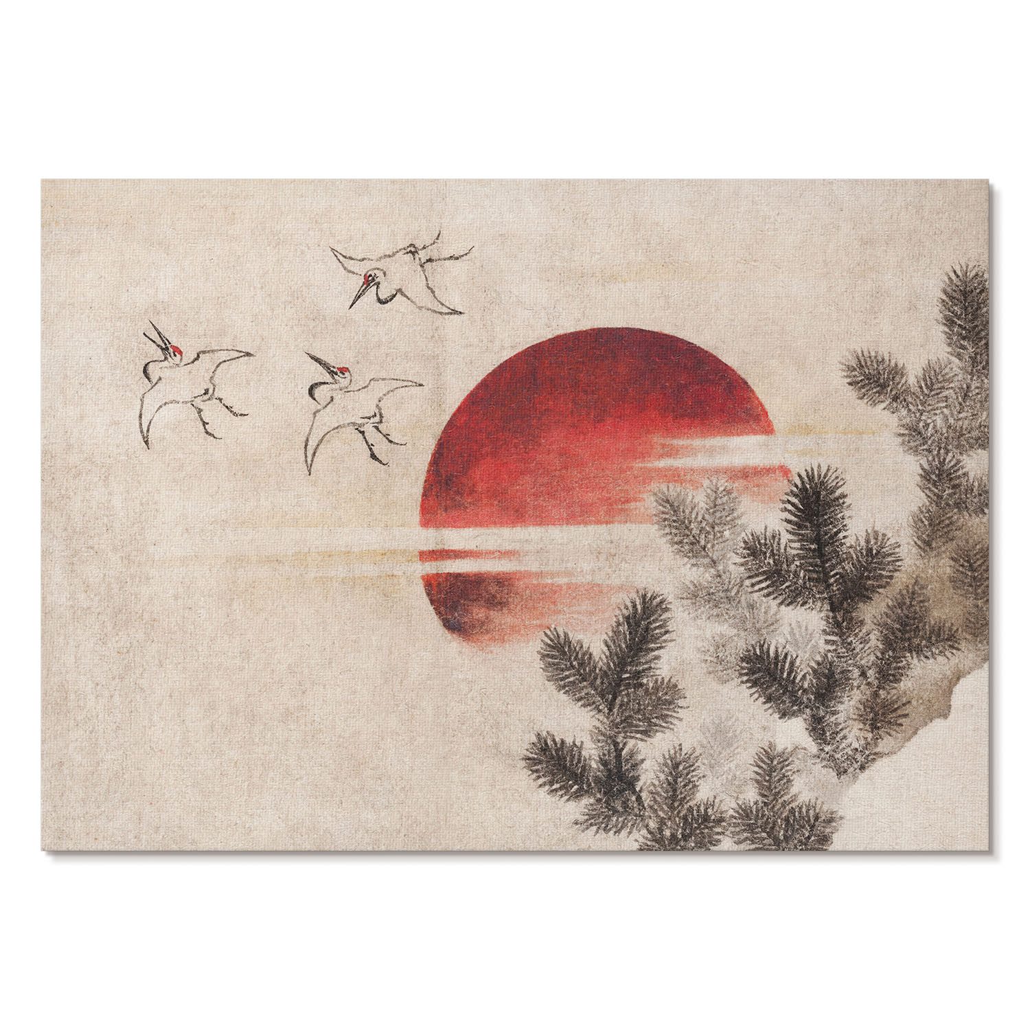 Tulup Poster Leinwand Kunstdruck Wandbild Bilder Leinwandbild Druck A1 A2 A3 A4, Hokusai - Vögel und der Sonnenuntergang, Beige, Malerei, Japanisch, Landschaften