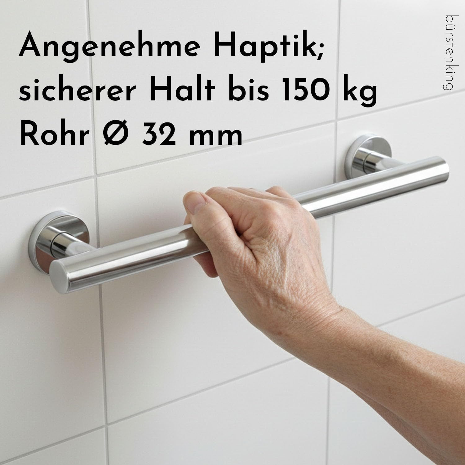 Bürstenking Badewannengriff Haltegriff Dusche Duschgriff Senioren 400 mm Bad & Wannengriff, belastbar bis 150 kg, Chrom aus massivem Messing Ø 32 mm