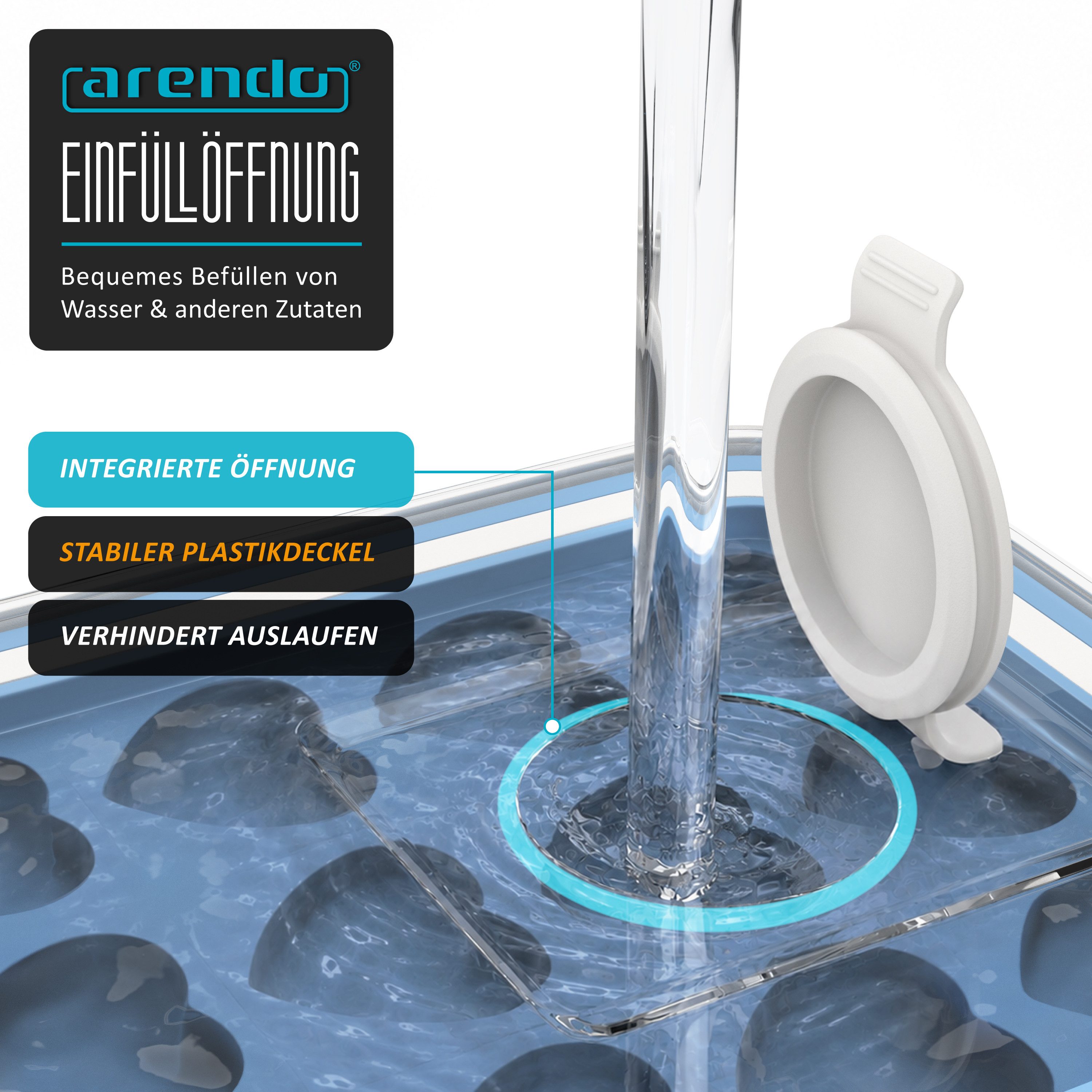 Arendo Eiswürfelform Silikon 78ml, 21 Eiswürfel, spülmaschinengeeignet, stapelbar, (1-tlg), Herzform, Deckel mit Einfüllöffnung, leichtes Herauslösen, BPA-frei