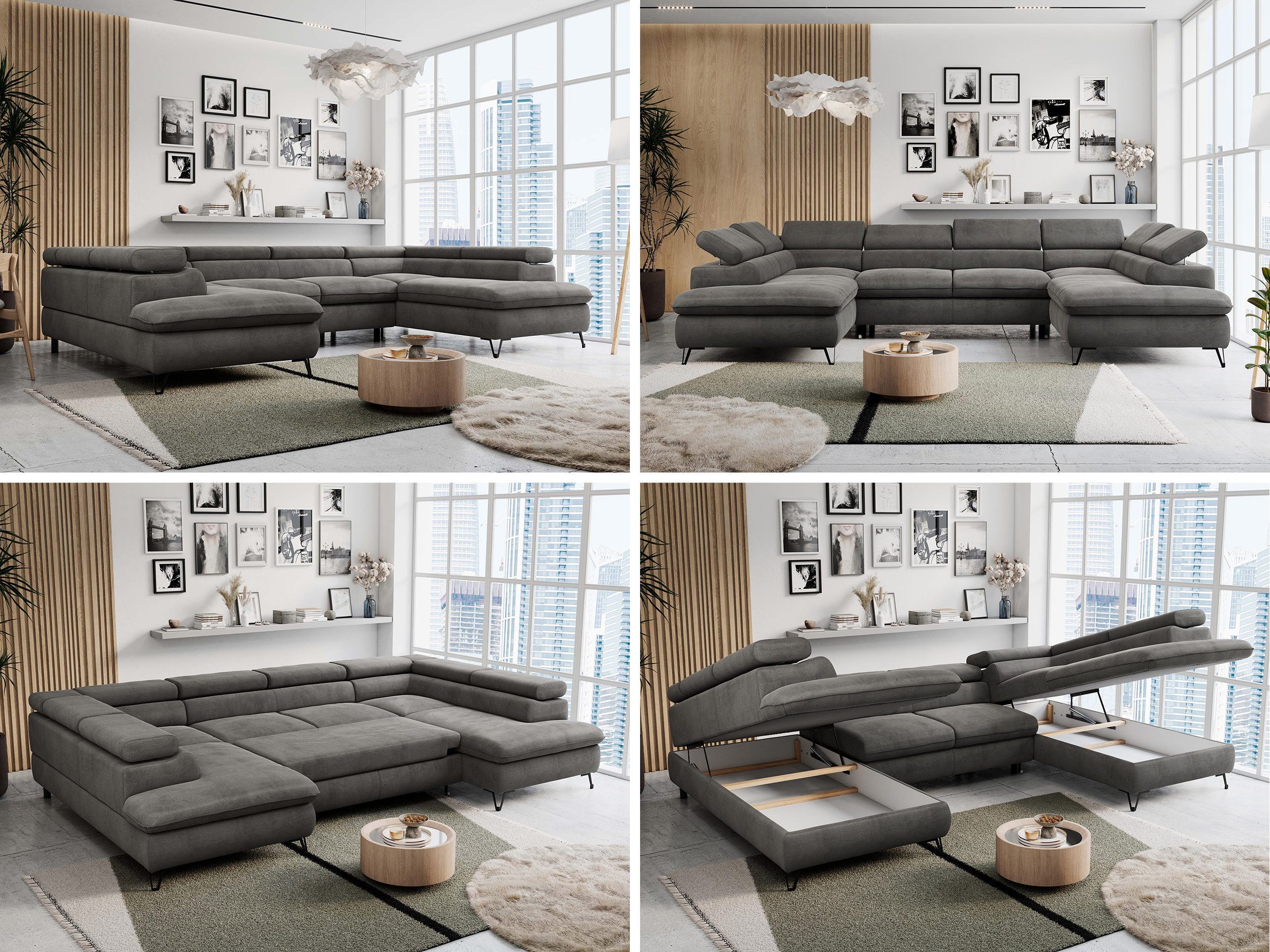 MKS MÖBEL Ecksofa PETER U, Set, Ecksofa U-Form, Wellenfedern, HR35-Schaum, form, Sofa big XXL, Bettkasten, Bettfunktion, Einstellbare Kopfstützen