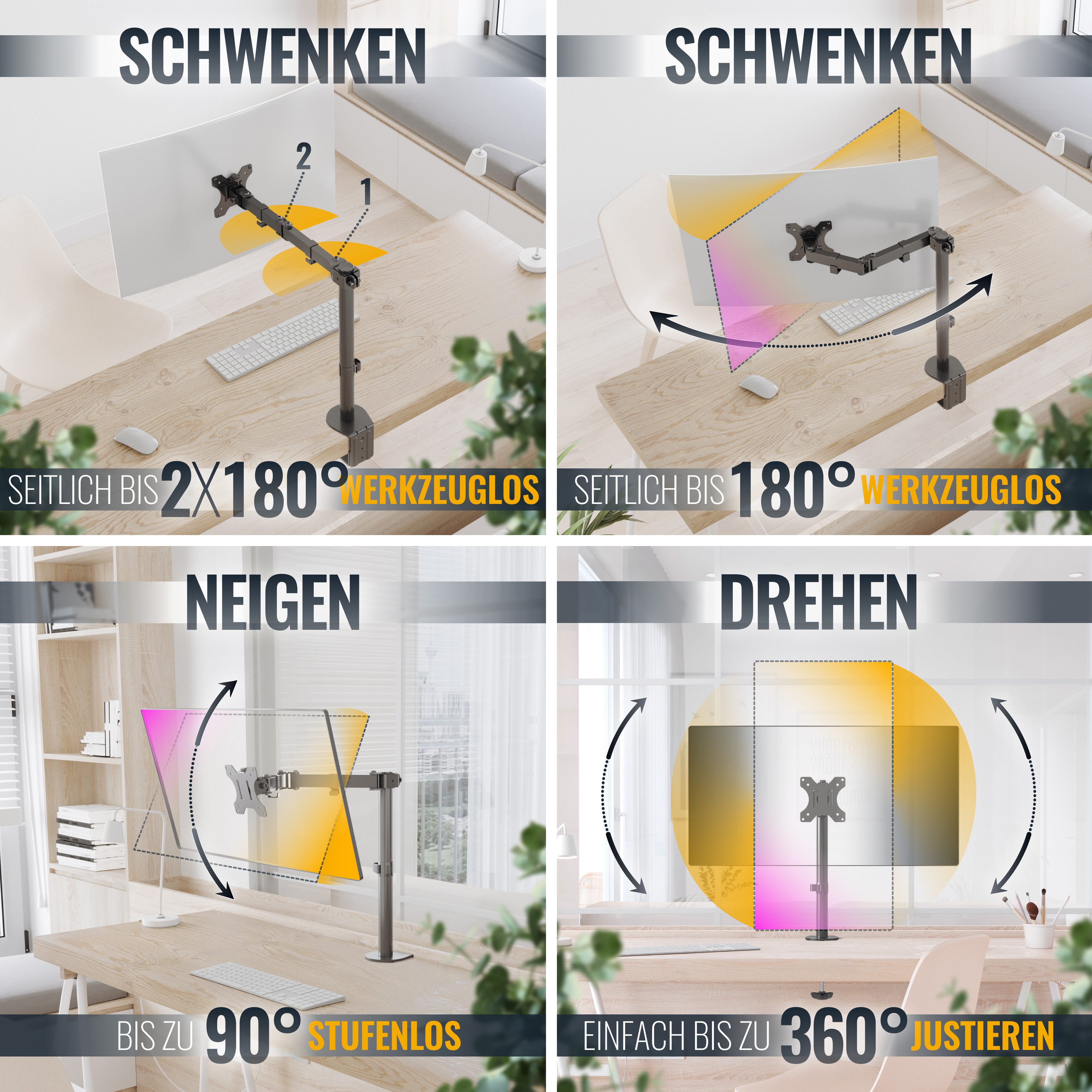 RICOO Monitor-Halterung Monitor Tischhalterung universal neigbar schwenkbar drehbar TS2711, (bis 30 Zoll, VESA 75x75 und 100x100, 1-tlg., 8 kg Belastbarkeit, von 33-76 cm (13"-30) Bildschirm-Diagonale, neigbar bis 90°, drehbar bis 360°, schwenkbar bis 180)