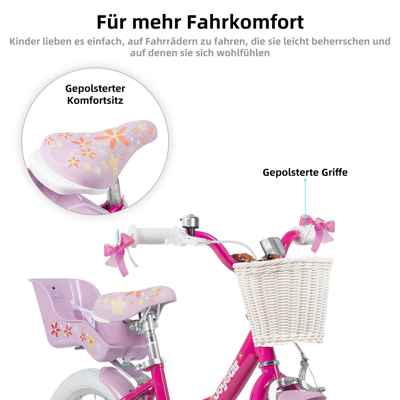 JOYSTAR Kinderfahrrad 12 14 16 18 Zoll Mädchenfahrrad, 3 - 9 Jahre, Geschenk für Prinzessin, 1 Gang, Puppenradsitz & Stützrädern& Korbstreamer, 18 Zoll mit Stützrädern