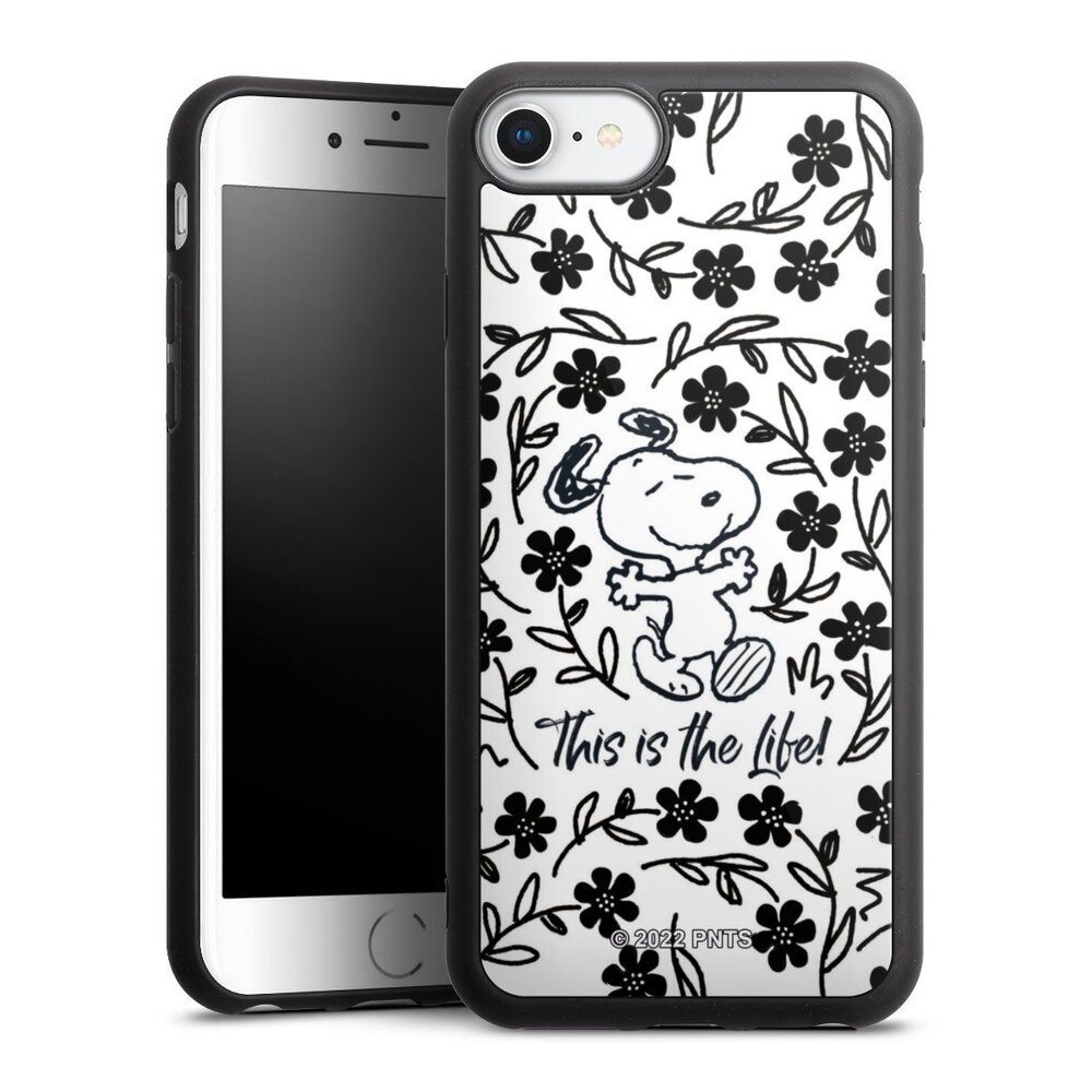 DeinDesign Handyhülle Peanuts Blumen Snoopy Snoopy Black and White This Is The Life, Apple iPhone 8 Gallery Case Glas Hülle Schutzhülle 9H Gehärtetes Glas