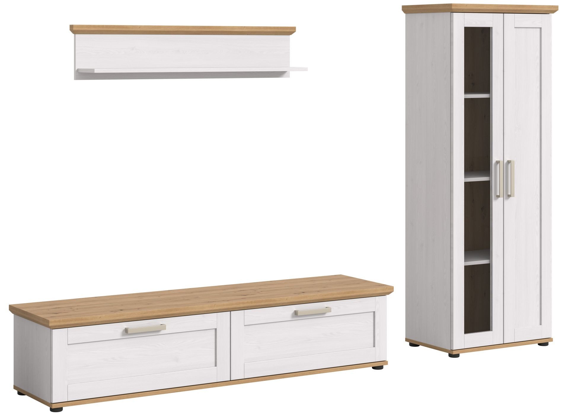 xonox.home Wohnwand Wohnkombination Verona, (3tlg. Set bestehend aus Lowboard, Wandboard, Vitrine groß), Sibiu Lärche Nachbildung Melamin Modern 336x161x40 cm